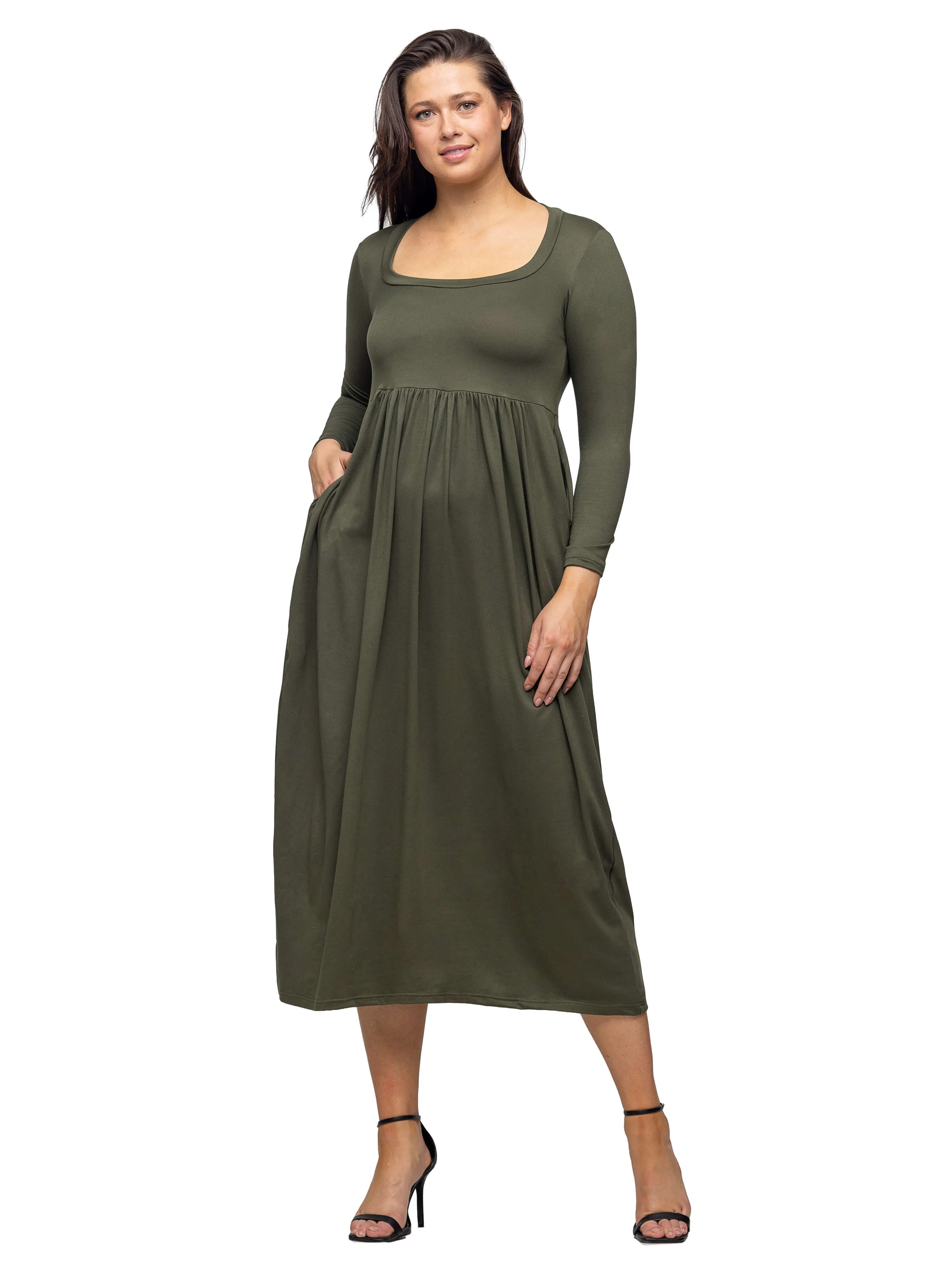 Long Sleeve Empire Waist Pocket Maxi Dress