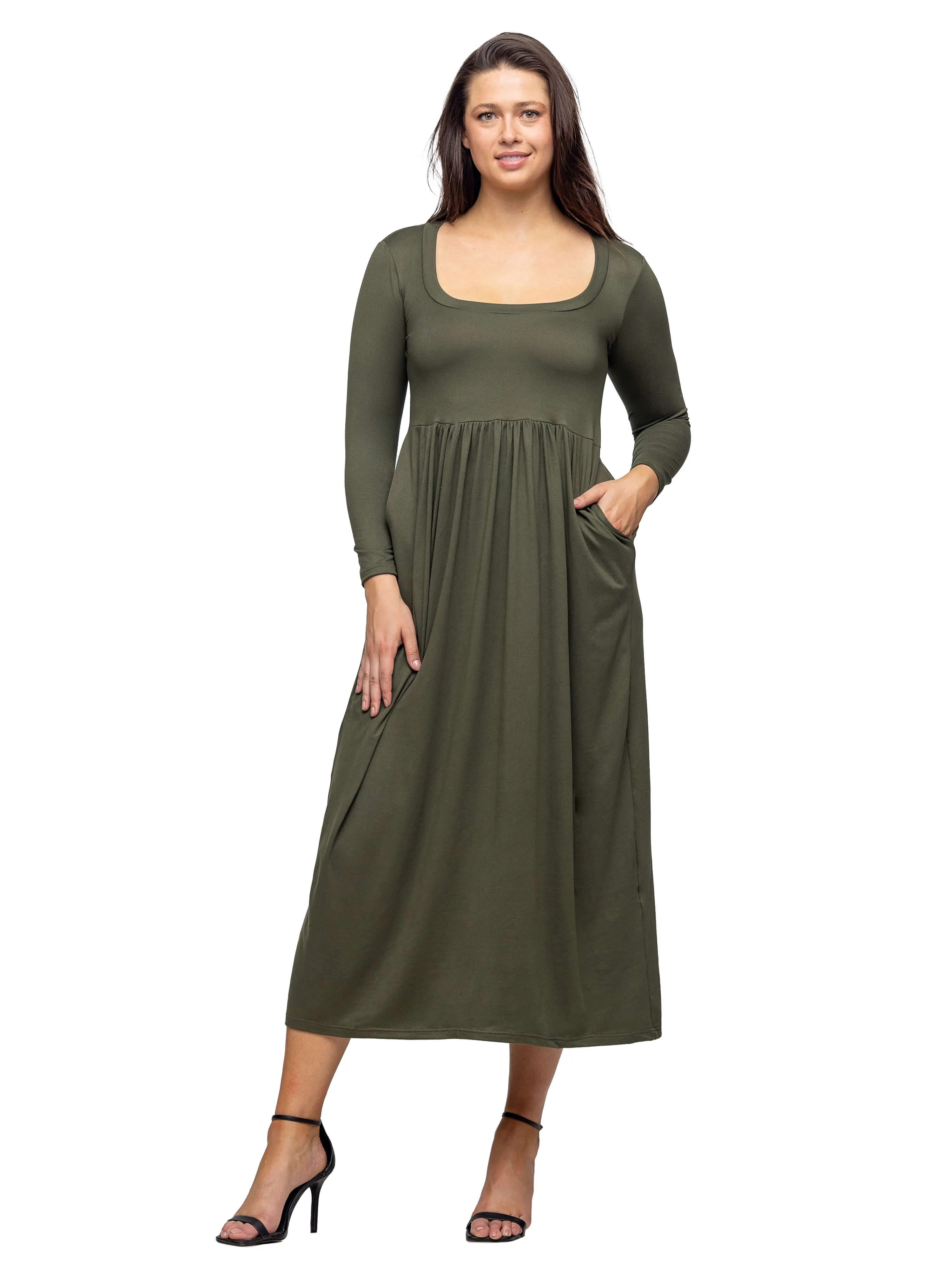 Long Sleeve Empire Waist Pocket Maxi Dress