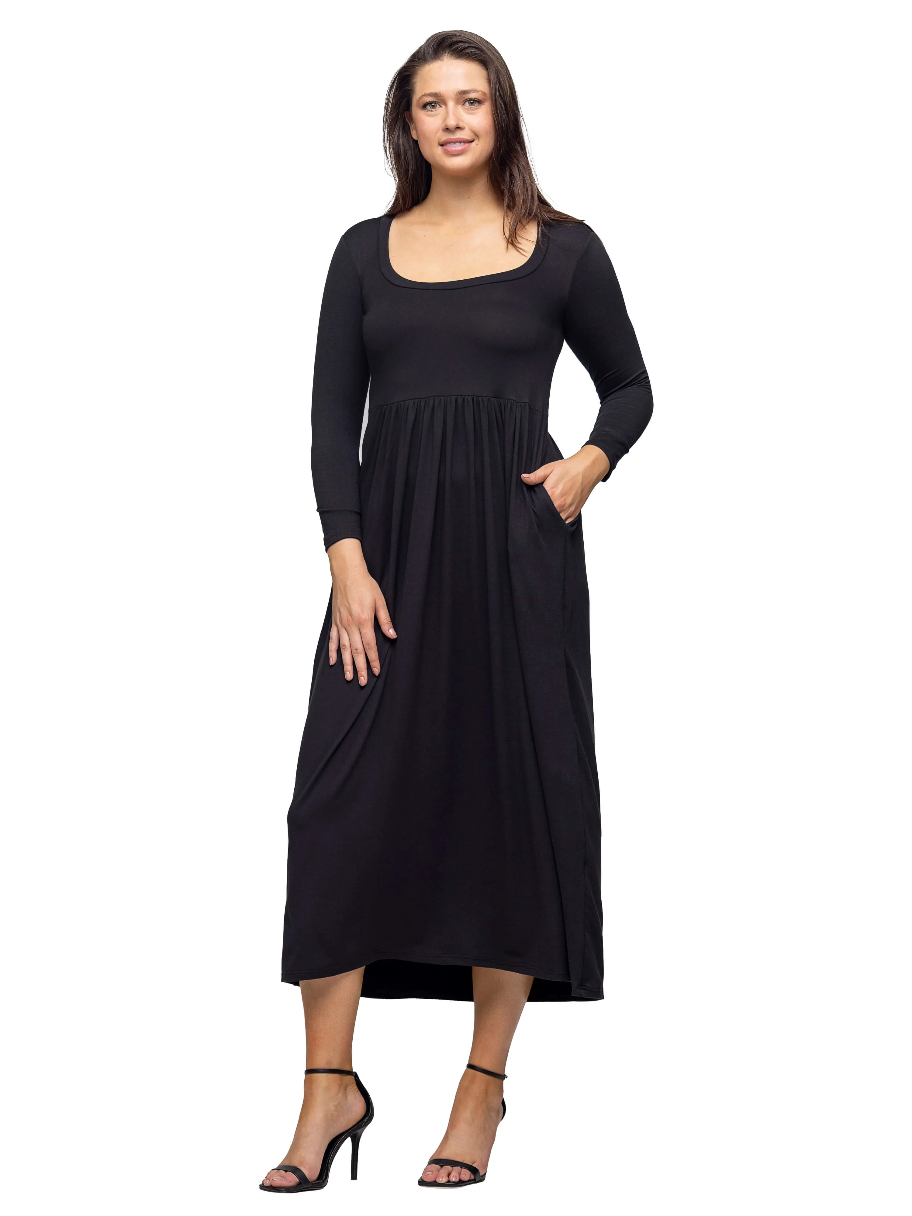 Long Sleeve Empire Waist Pocket Maxi Dress