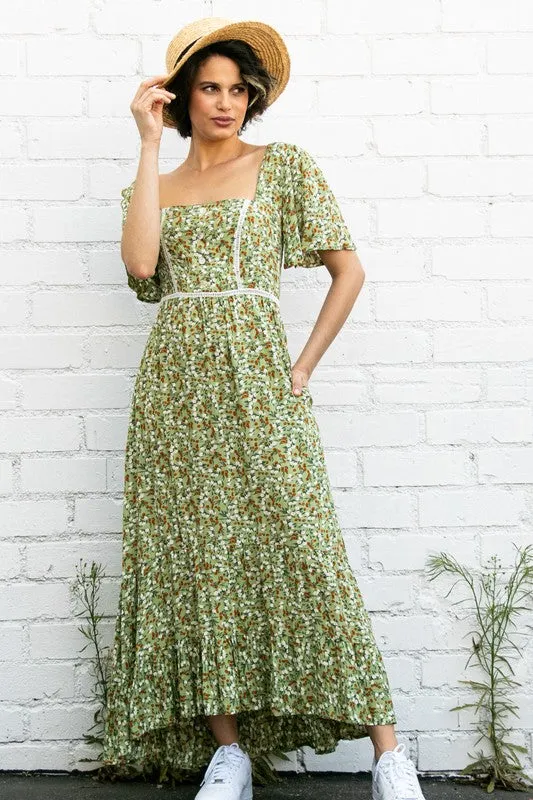 Lt Olive Flutter Sleeve Floral Flowy Maxi Dress