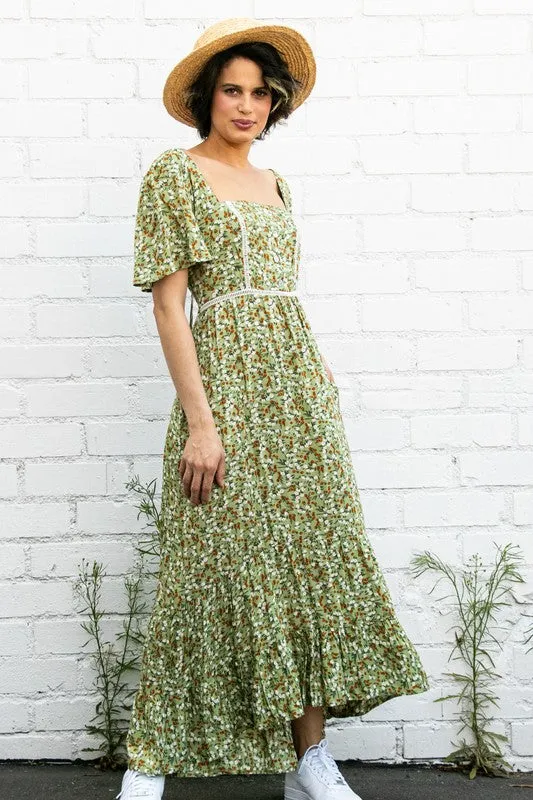 Lt Olive Flutter Sleeve Floral Flowy Maxi Dress