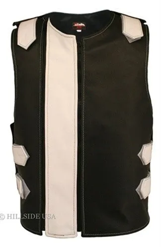 Made in USA Dual Front Zipper Bulletproof Style Leather Biker Vest Black/ Blue