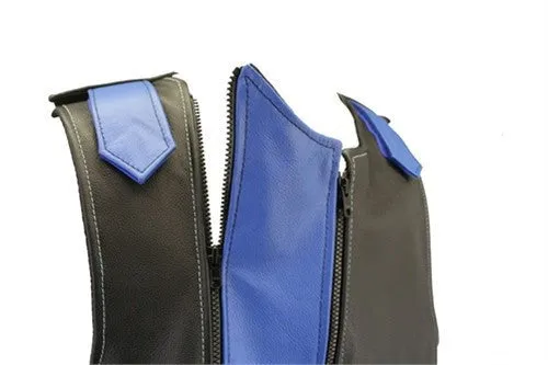 Made in USA Dual Front Zipper Bulletproof Style Leather Biker Vest Black/ Blue