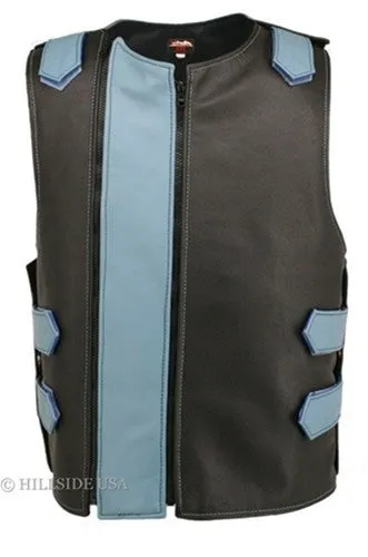 Made in USA Dual Front Zipper Bulletproof Style Leather Biker Vest Black/Light Blue