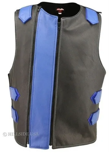 Made in USA Dual Front Zipper Bulletproof Style Leather Biker Vest Black/Light Blue