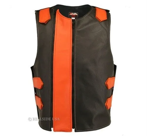 Made in USA Dual Front Zipper Bulletproof Style Leather Biker Vest Black/Red