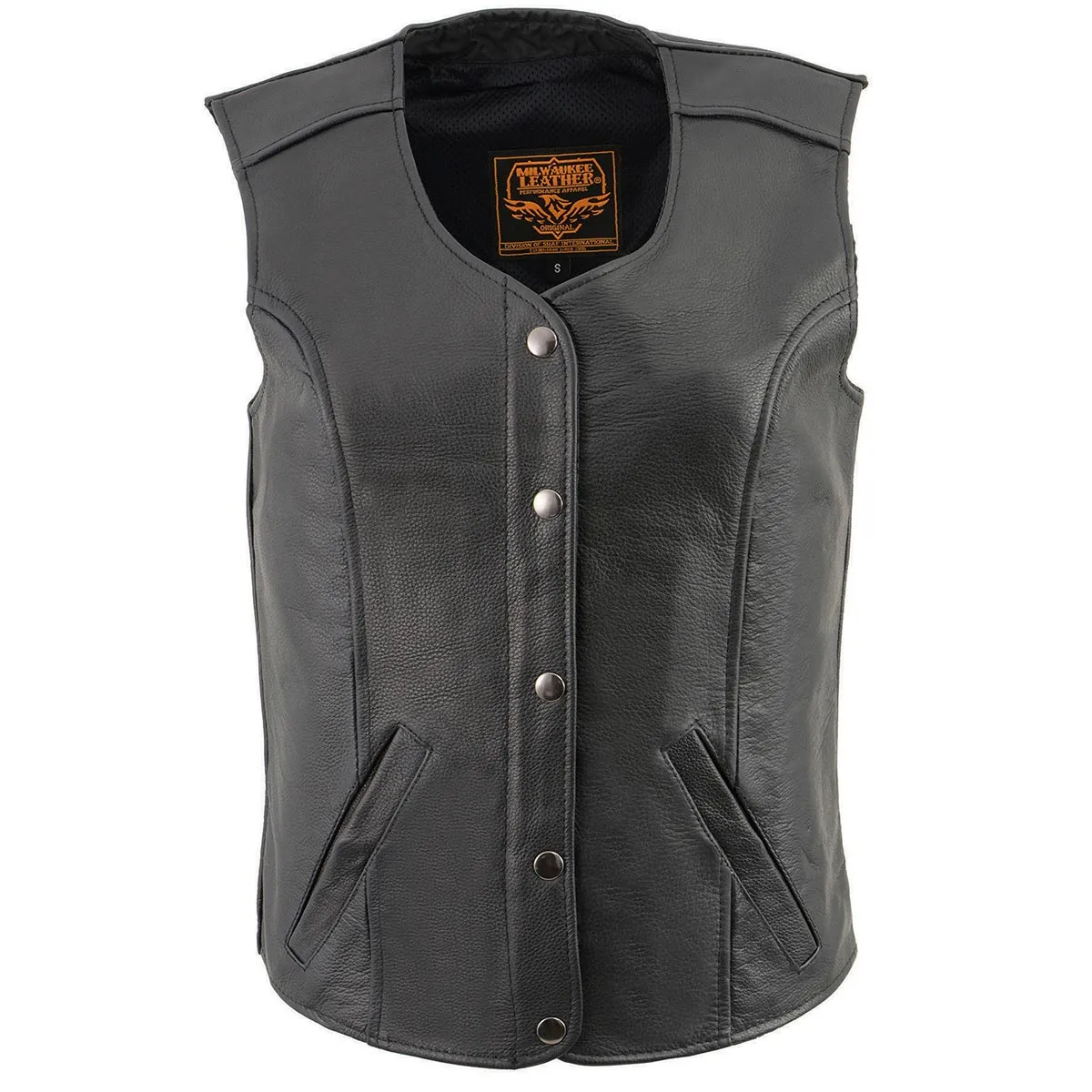 Milwaukee Leather LKL4701 Women's Black Leather Plain Round V-Neck Motorcycle Rider Vest W/Classic 4-Snaps Closure