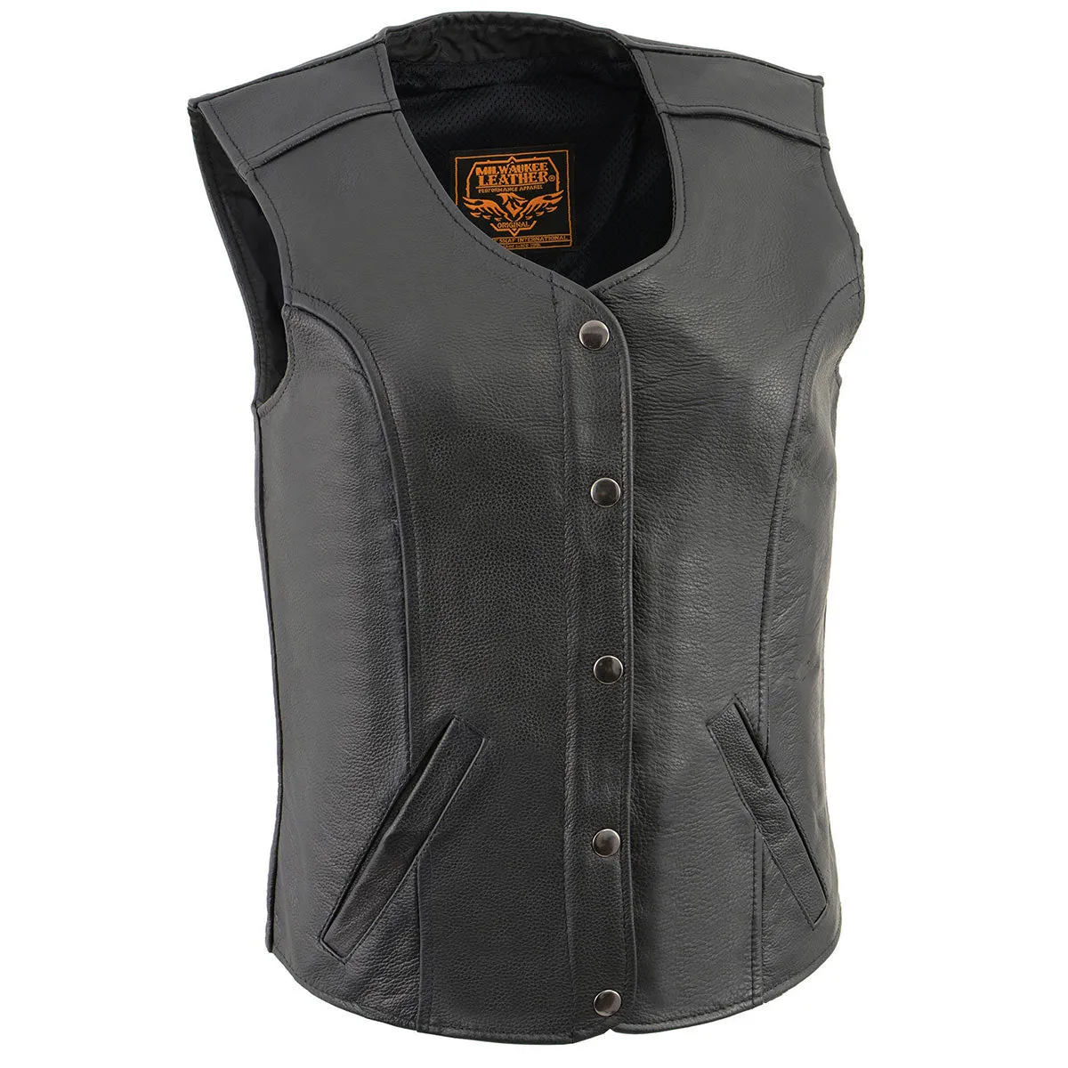 Milwaukee Leather LKL4701 Women's Black Leather Plain Round V-Neck Motorcycle Rider Vest W/Classic 4-Snaps Closure