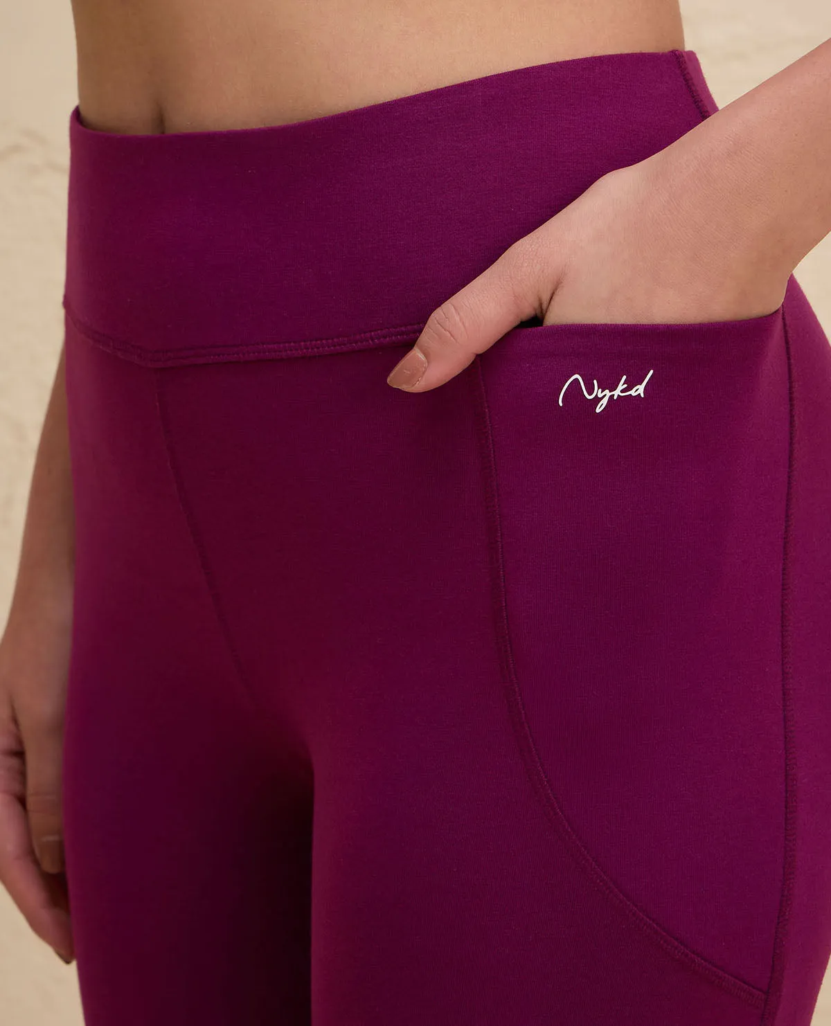 Nykd By Nykaa Iconic Cotton Flare Leggings with Pockets-NYAT503-Wine