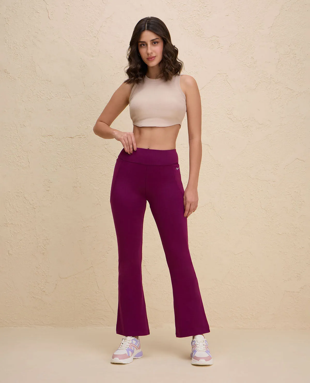 Nykd By Nykaa Iconic Cotton Flare Leggings with Pockets-NYAT503-Wine