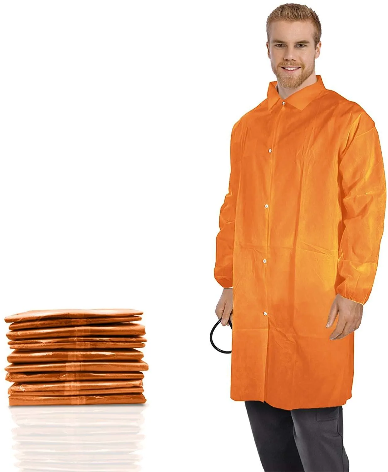 Pack of 30 Orange Lab Jackets. M size. Elastic Wrists, 4 Snap Front,