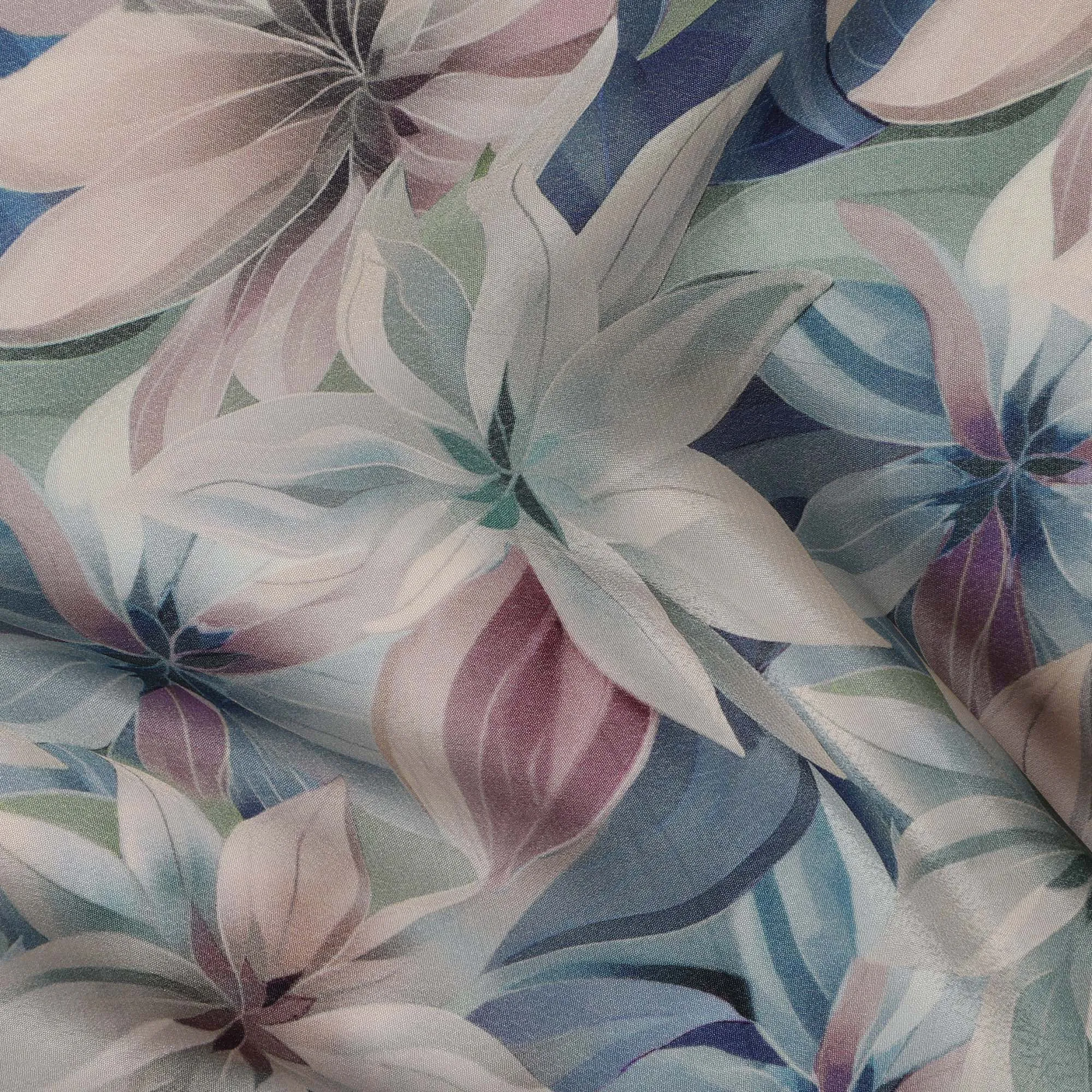 Pastel Blue Viscose Digital Printed Fabric with Large Floral Design, 110 cm Width-D21301