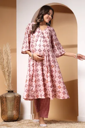 Pink & Maroon Gold Foil Print Zipless Feeding Kurta Pant Set