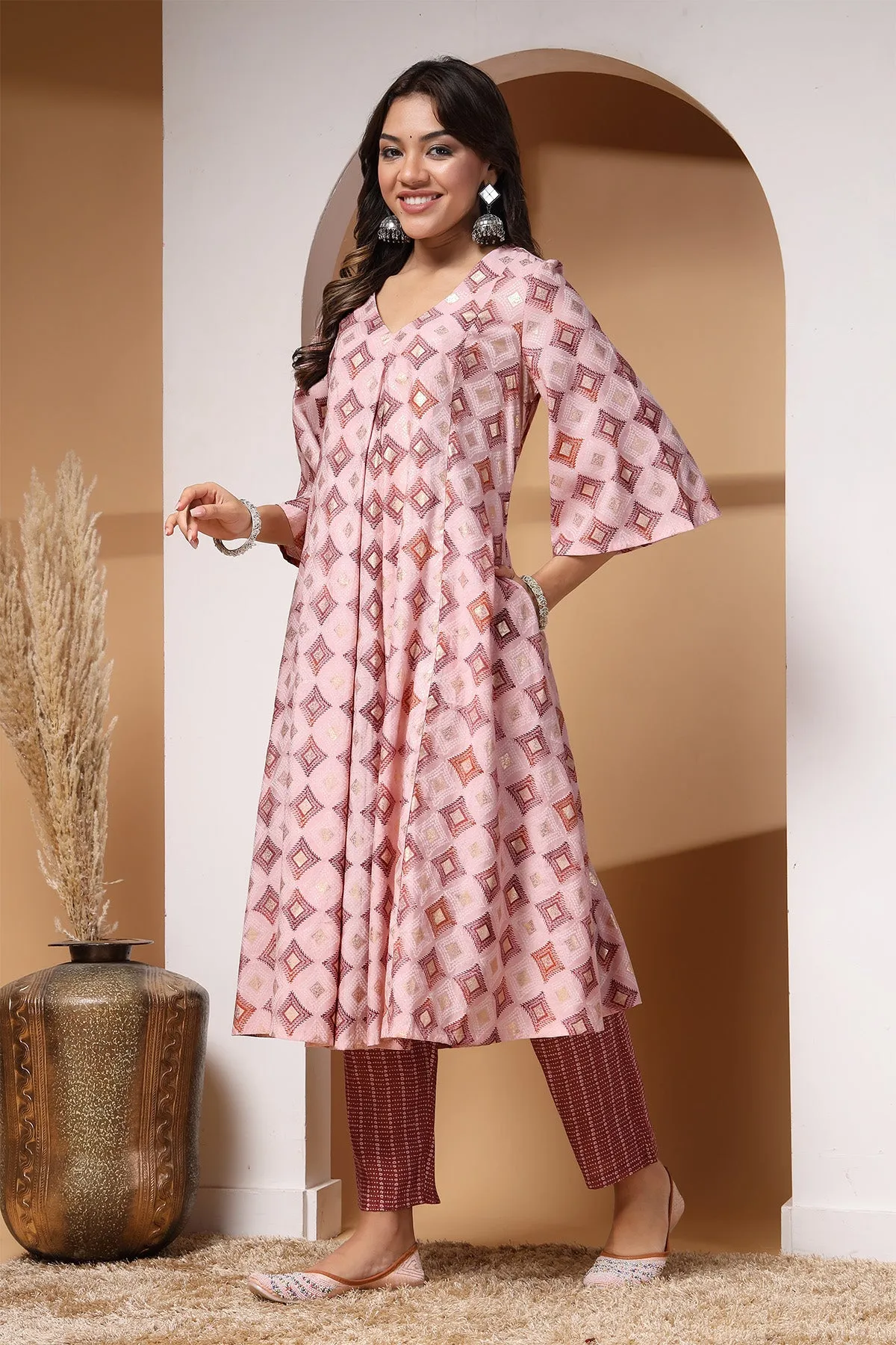 Pink & Maroon Gold Foil Print Zipless Feeding Kurta Pant Set