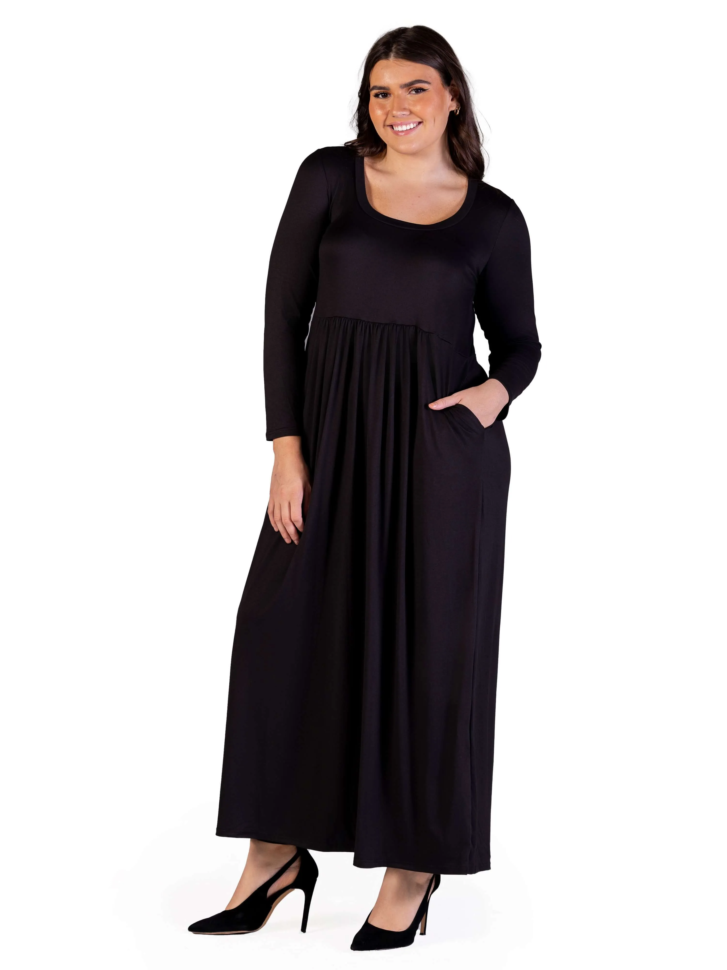 Plus Size Long Sleeve Empire Waist Pocket Maxi Dress