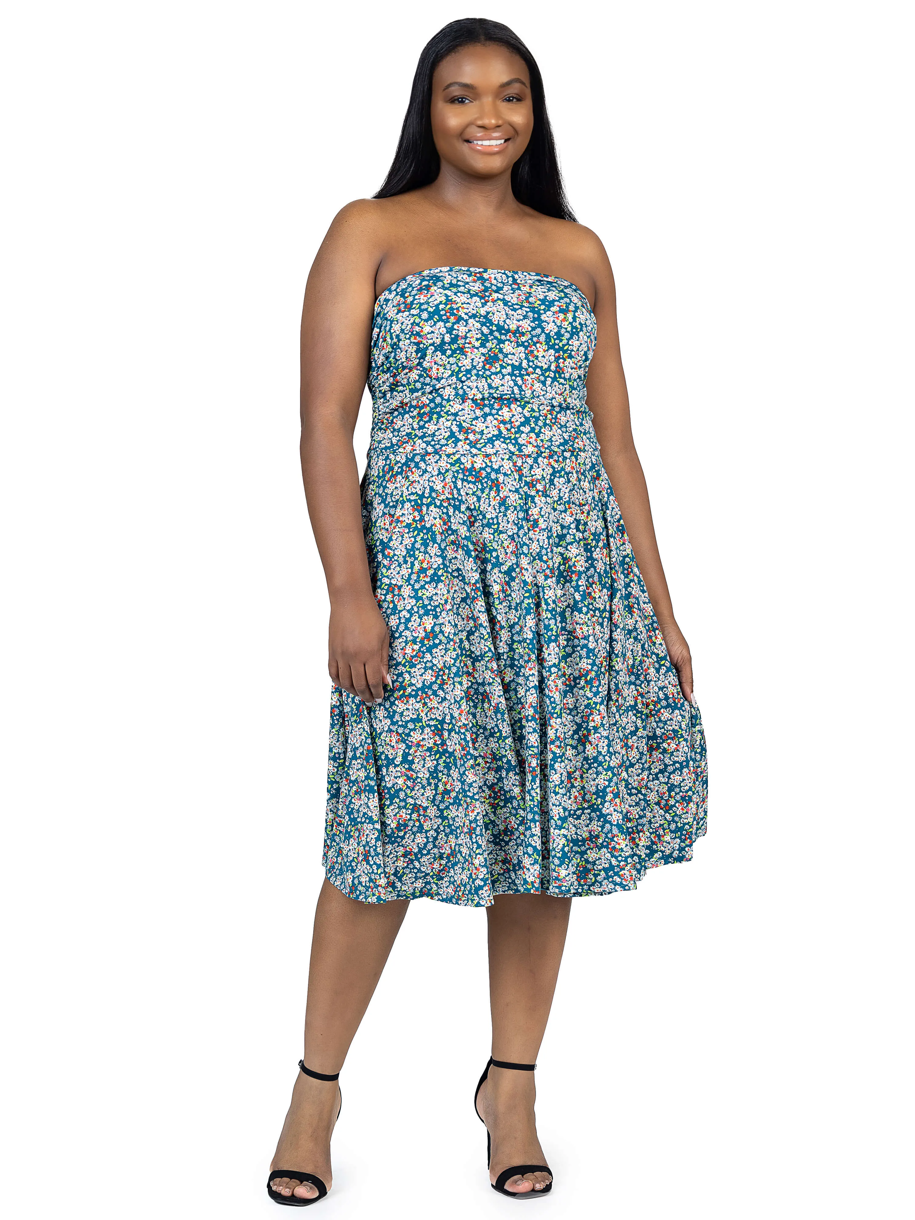 Plus Size Teal Floral Strapless Tube Top Flowy Knee Length Dress