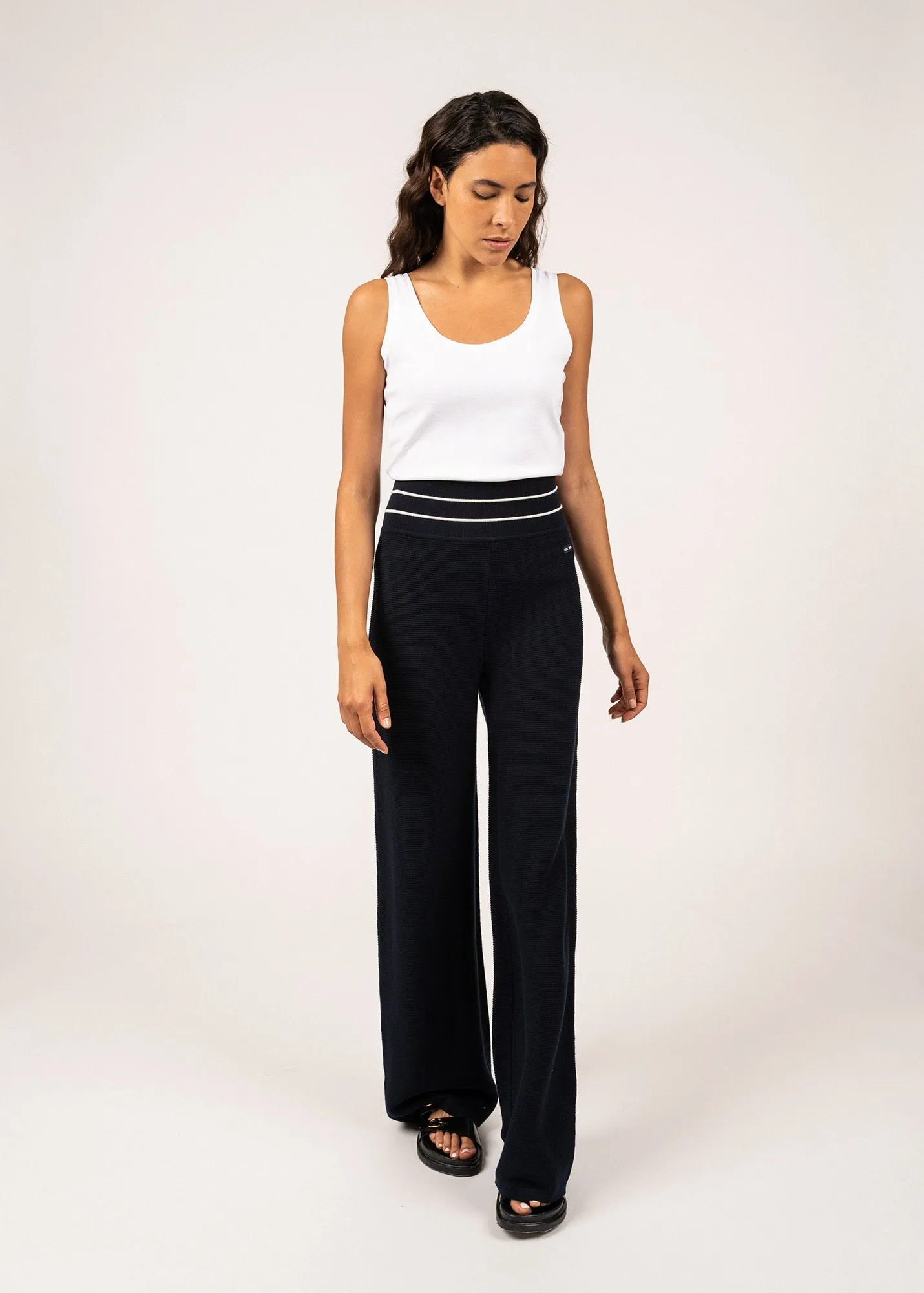 PONTON - Wide Knit Pants by Isabelle Ballu | 100% Cotton (NAVY / IVORY)