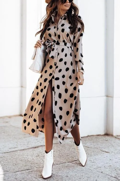 Print Button Bleted Long Sleeve Shirt Dress