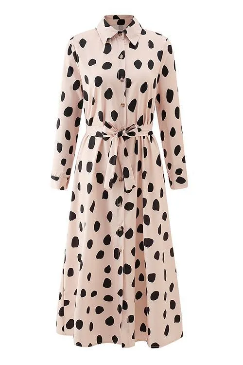 Print Button Bleted Long Sleeve Shirt Dress