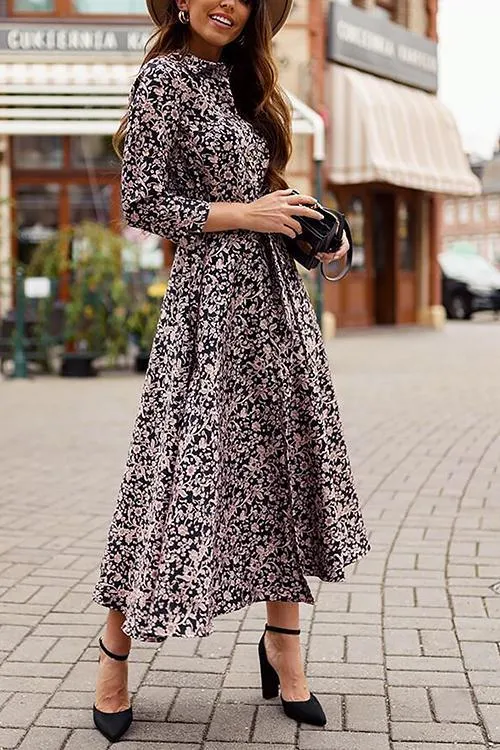 Print Button Bleted Long Sleeve Shirt Dress