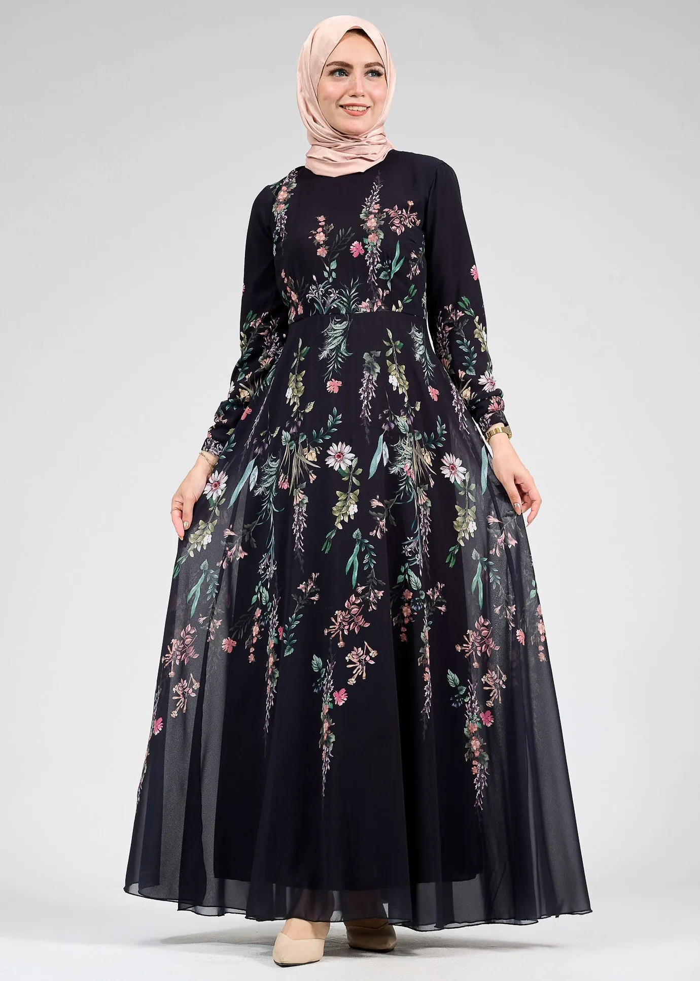 Qamar Sophia Floral Print Chiffon Long Sleeve Maxi Dress