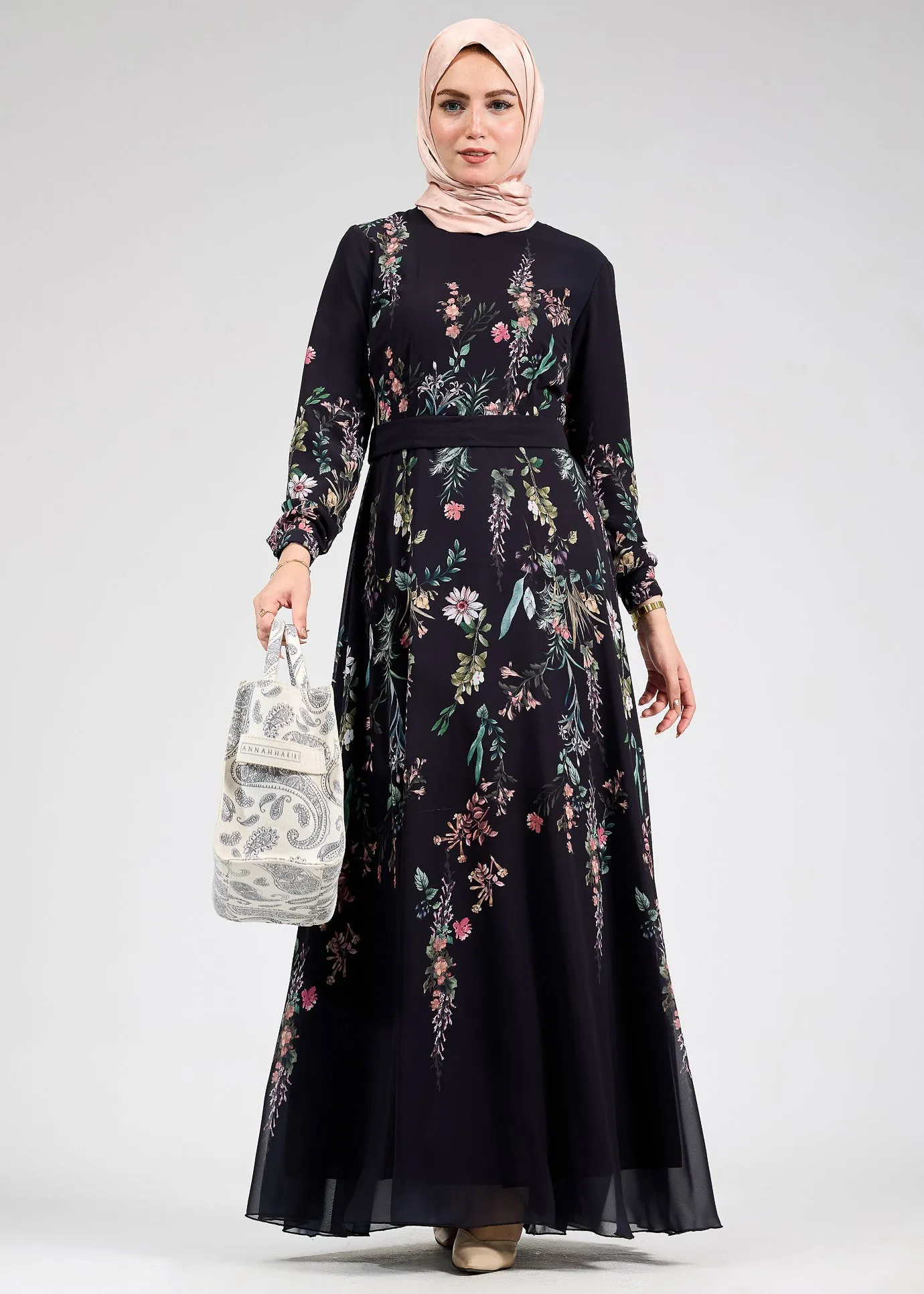 Qamar Sophia Floral Print Chiffon Long Sleeve Maxi Dress