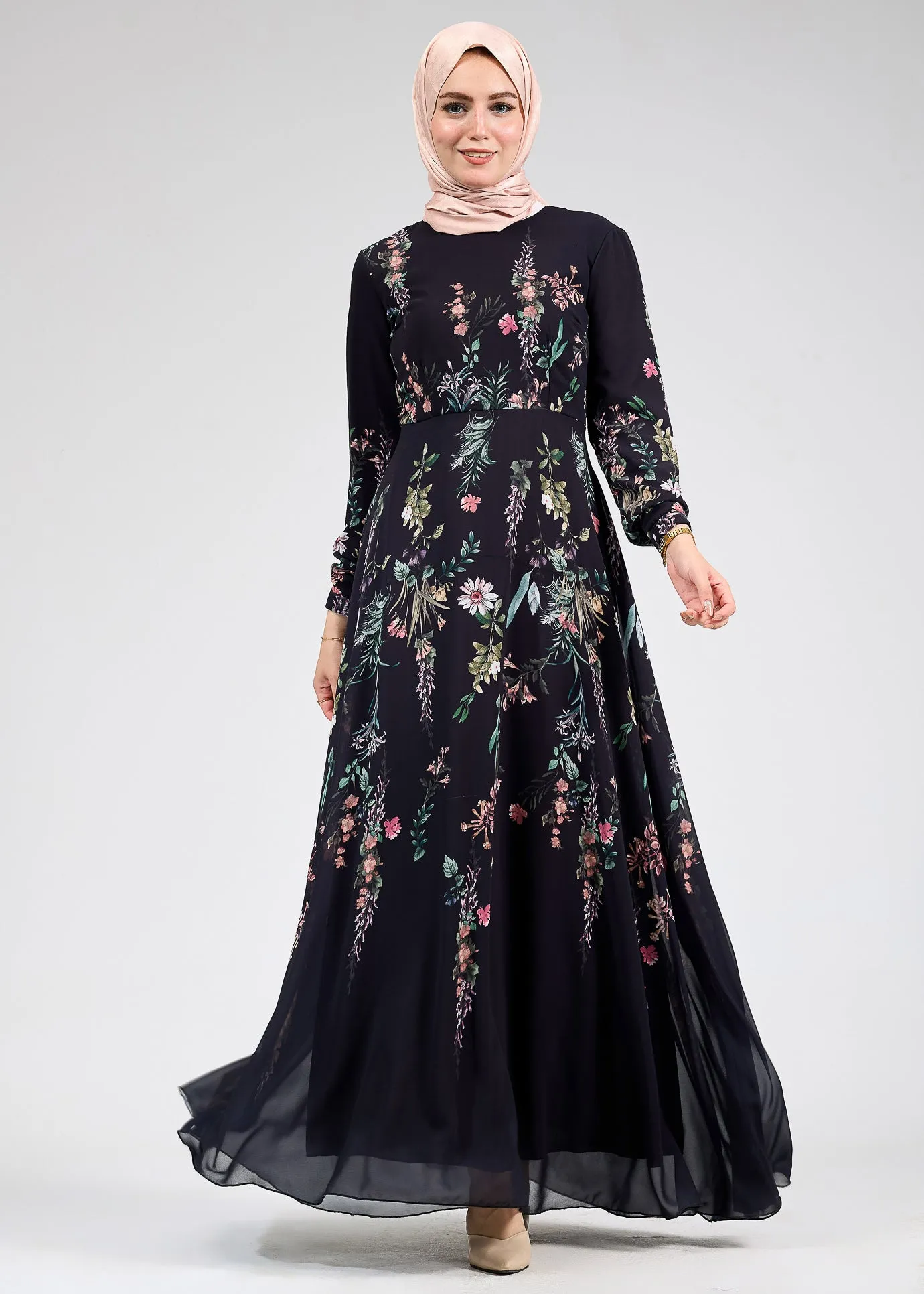 Qamar Sophia Floral Print Chiffon Long Sleeve Maxi Dress