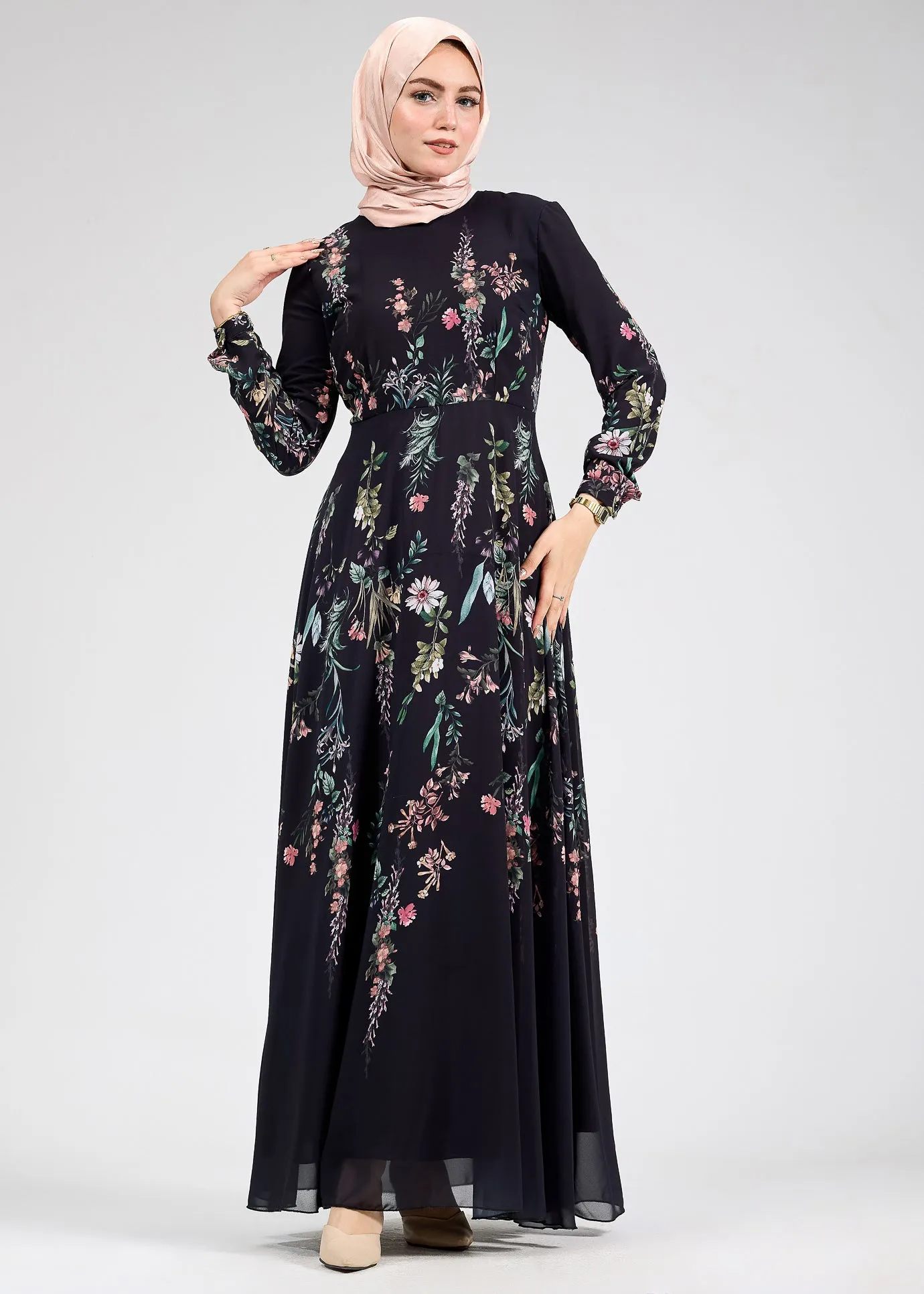 Qamar Sophia Floral Print Chiffon Long Sleeve Maxi Dress