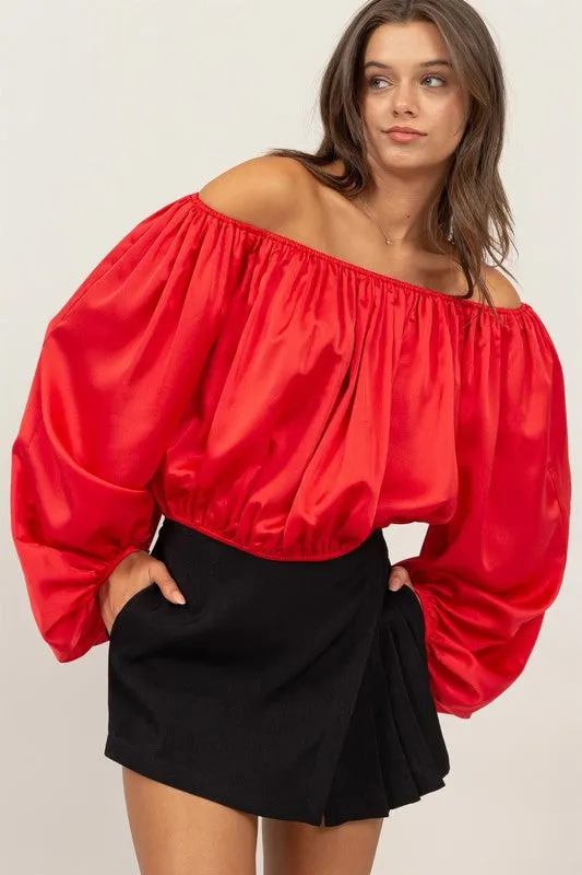 Red Orange Off-Shoulder Satin Balloon Sleeve Top