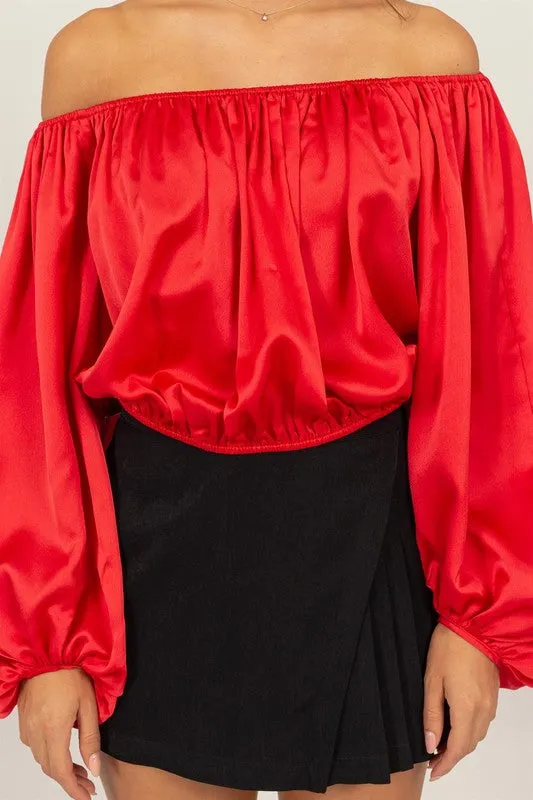 Red Orange Off-Shoulder Satin Balloon Sleeve Top