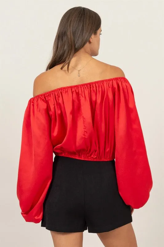 Red Orange Off-Shoulder Satin Balloon Sleeve Top