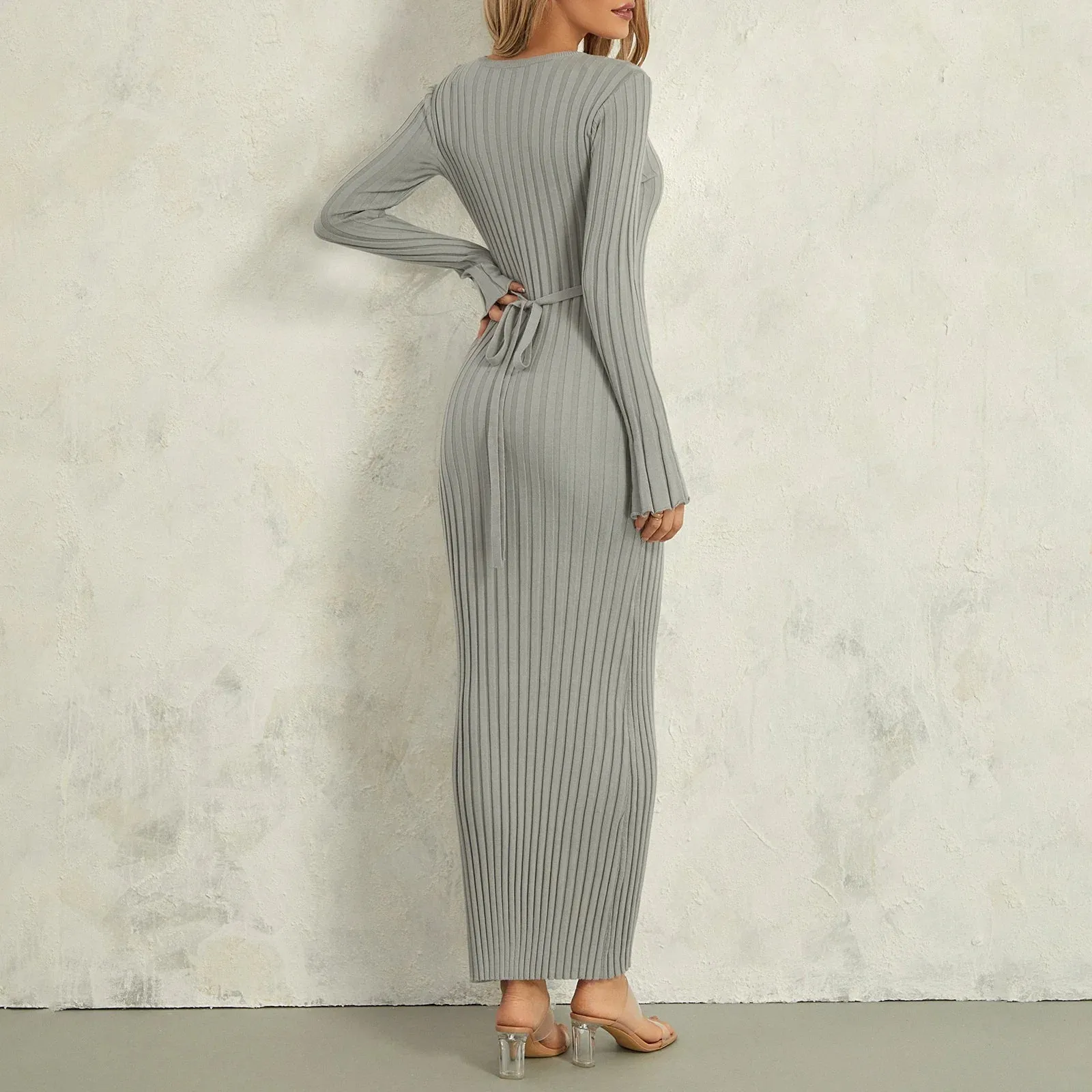 Ribbed Knitted Solid Color Crew Neck Long Sleeve Lace-up Bodycon Spring Fall Maxi Elegant Dress