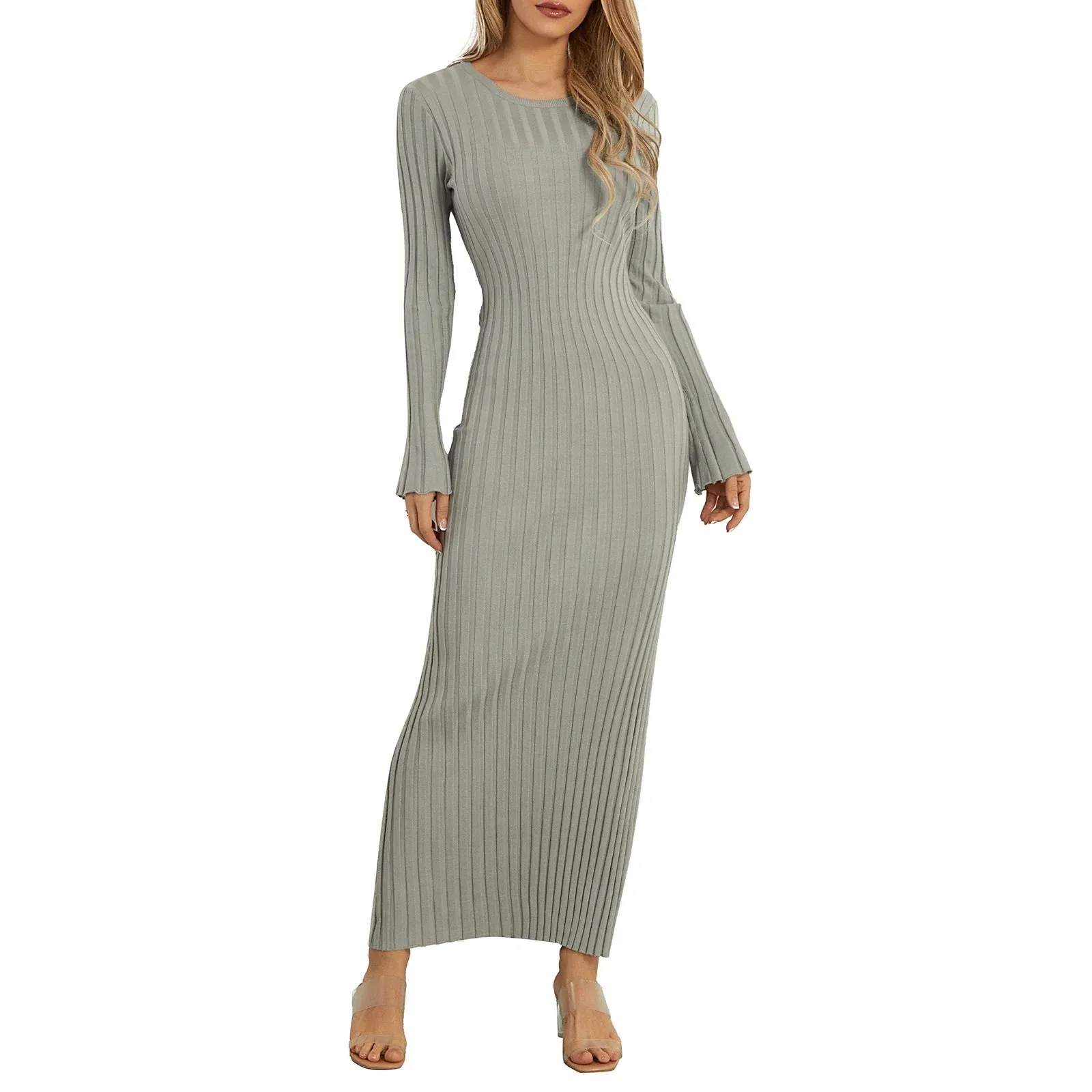 Ribbed Knitted Solid Color Crew Neck Long Sleeve Lace-up Bodycon Spring Fall Maxi Elegant Dress