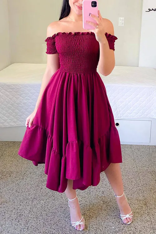 Shirred Bodice Off Shoulder Flap Asymmetric Dress