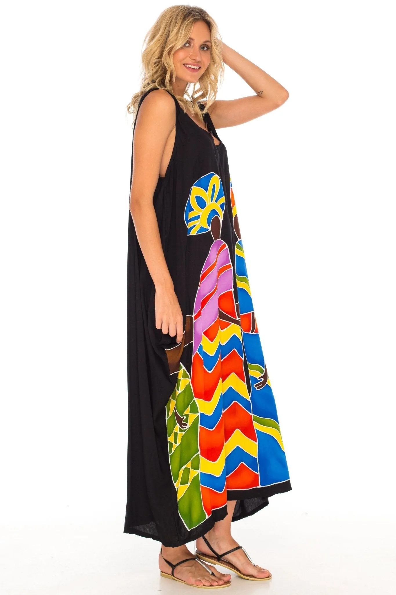 SHU-SHI Women's Handpainted Casual Beach Cover-up Loose Tank Sundress for Summer