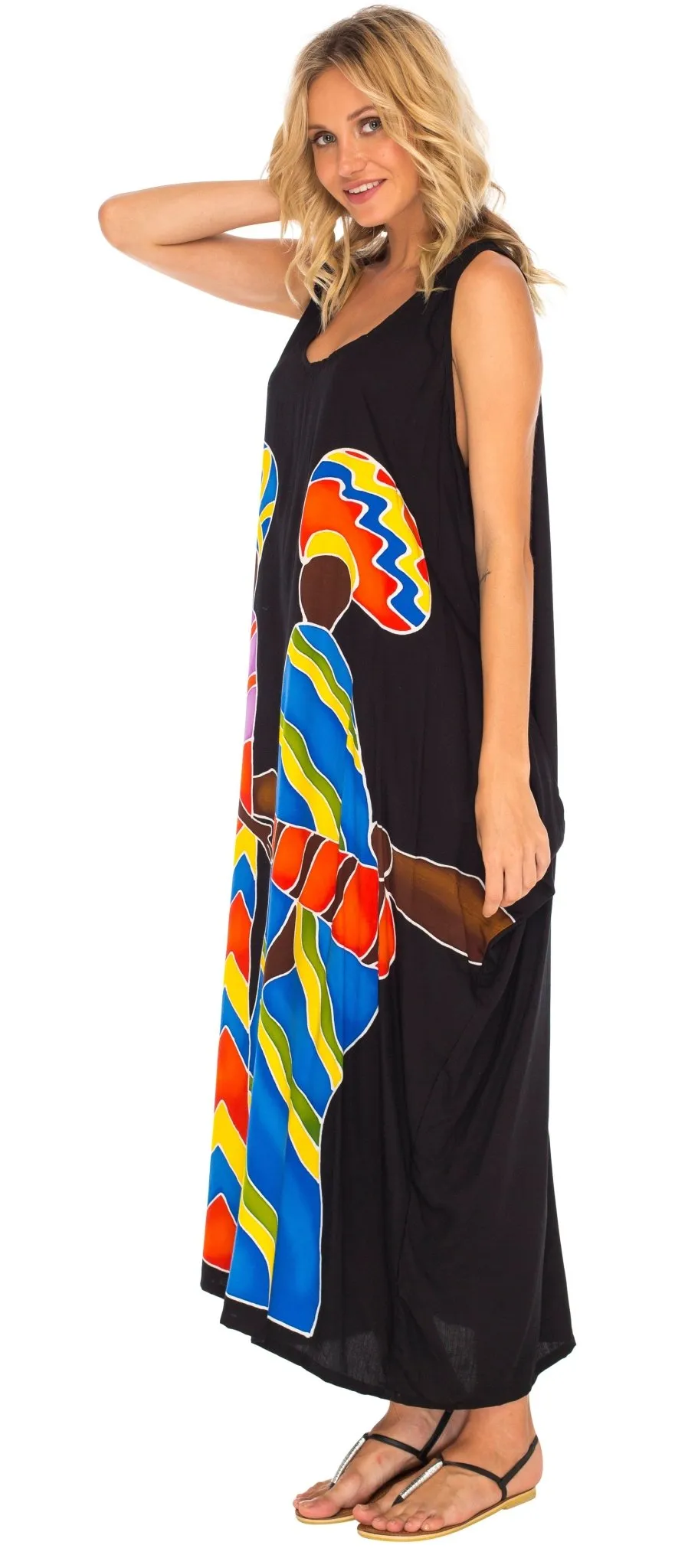 SHU-SHI Women's Handpainted Casual Beach Cover-up Loose Tank Sundress for Summer