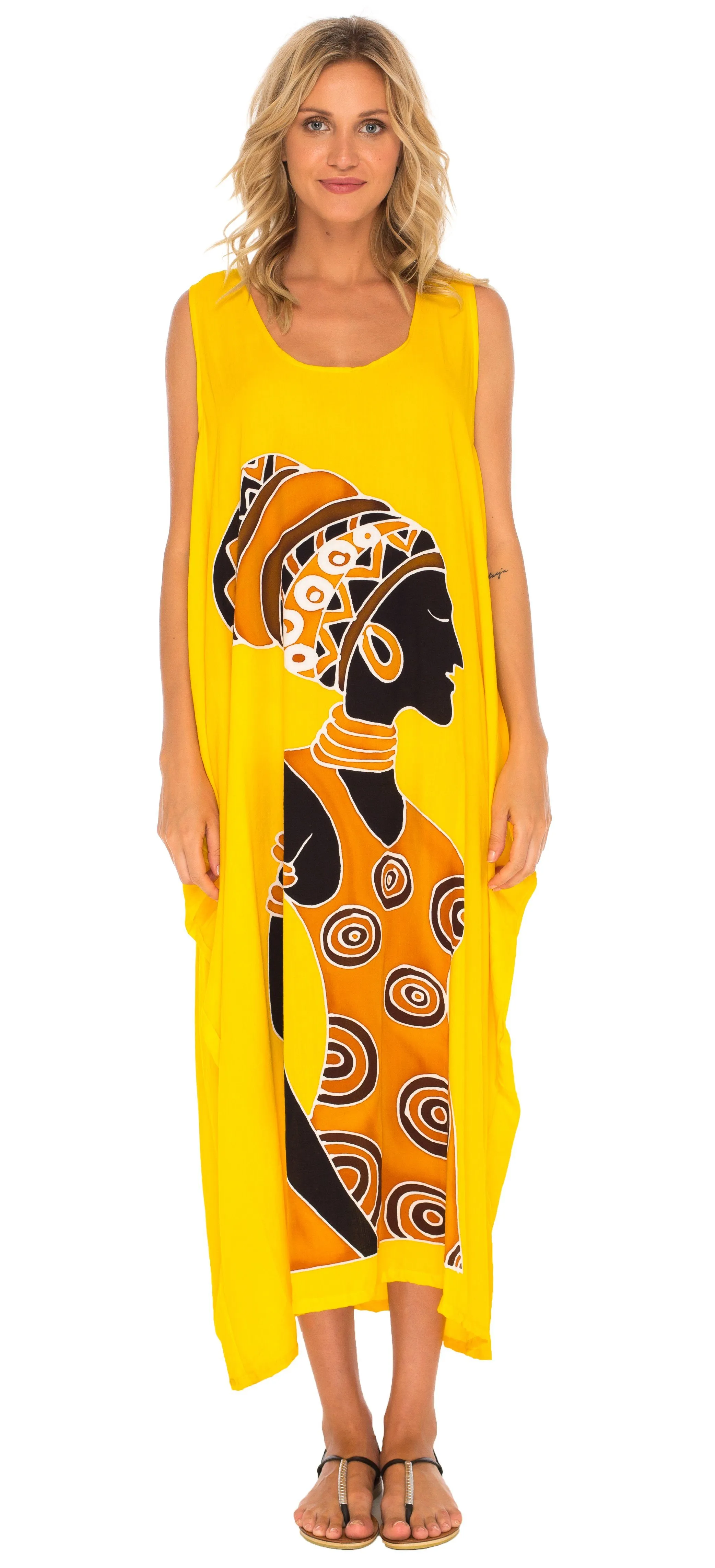 SHU-SHI Women's Handpainted Casual Beach Cover-up Loose Tank Sundress for Summer