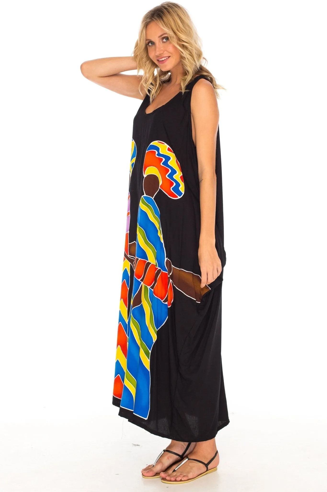 SHU-SHI Women's Handpainted Casual Beach Cover-up Loose Tank Sundress for Summer