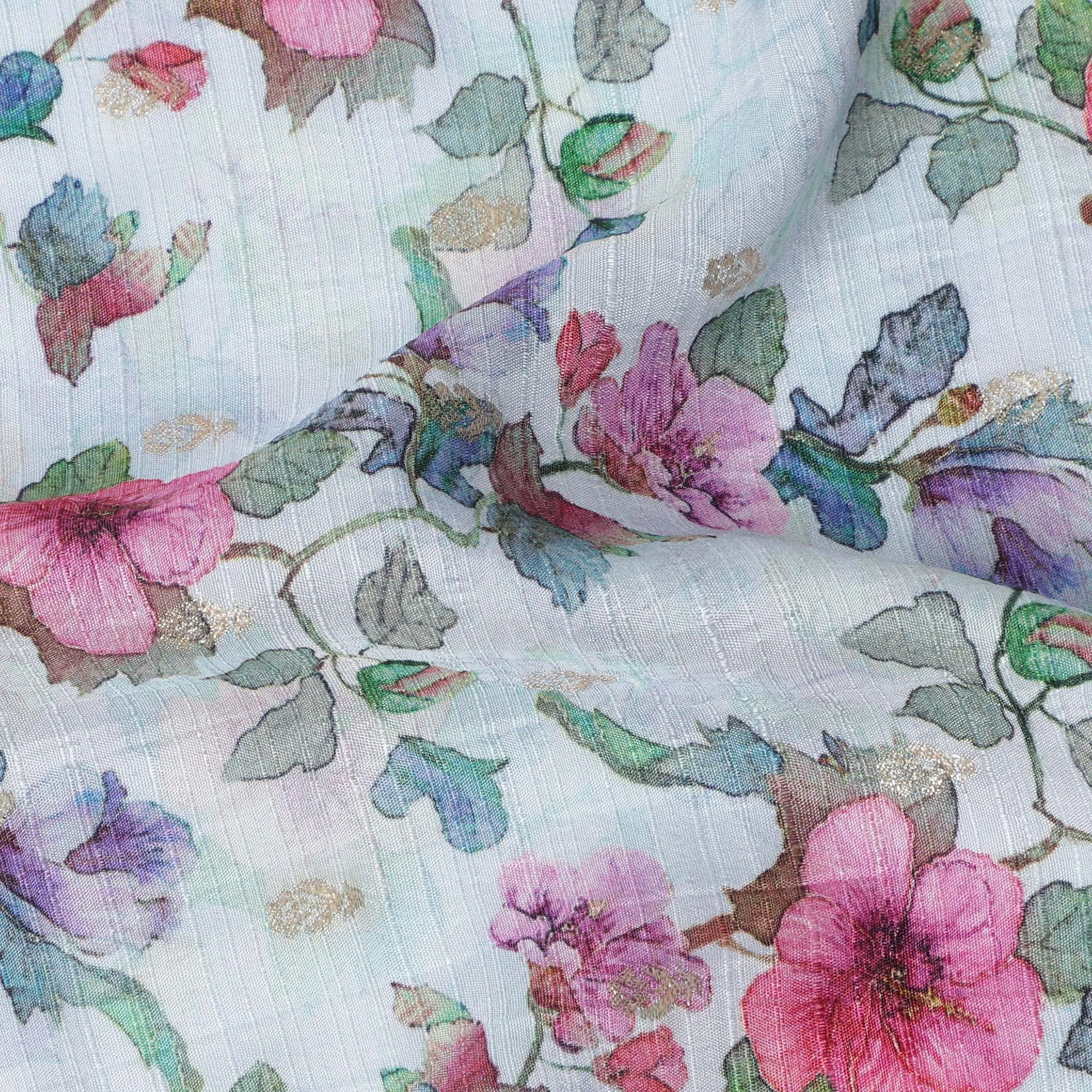 Soft Blue Floral Linen-Cotton Blend Fabric, 110 cm Wide, Made in India-D20971