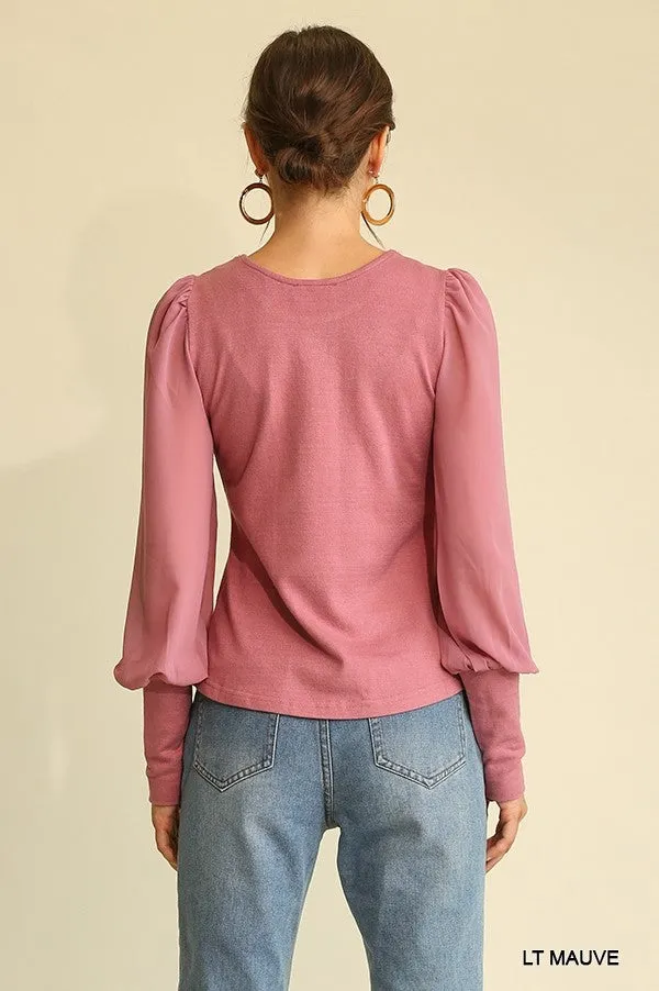 Solid Knit And Chiffon Mixed Top With Puff Long Sleeve