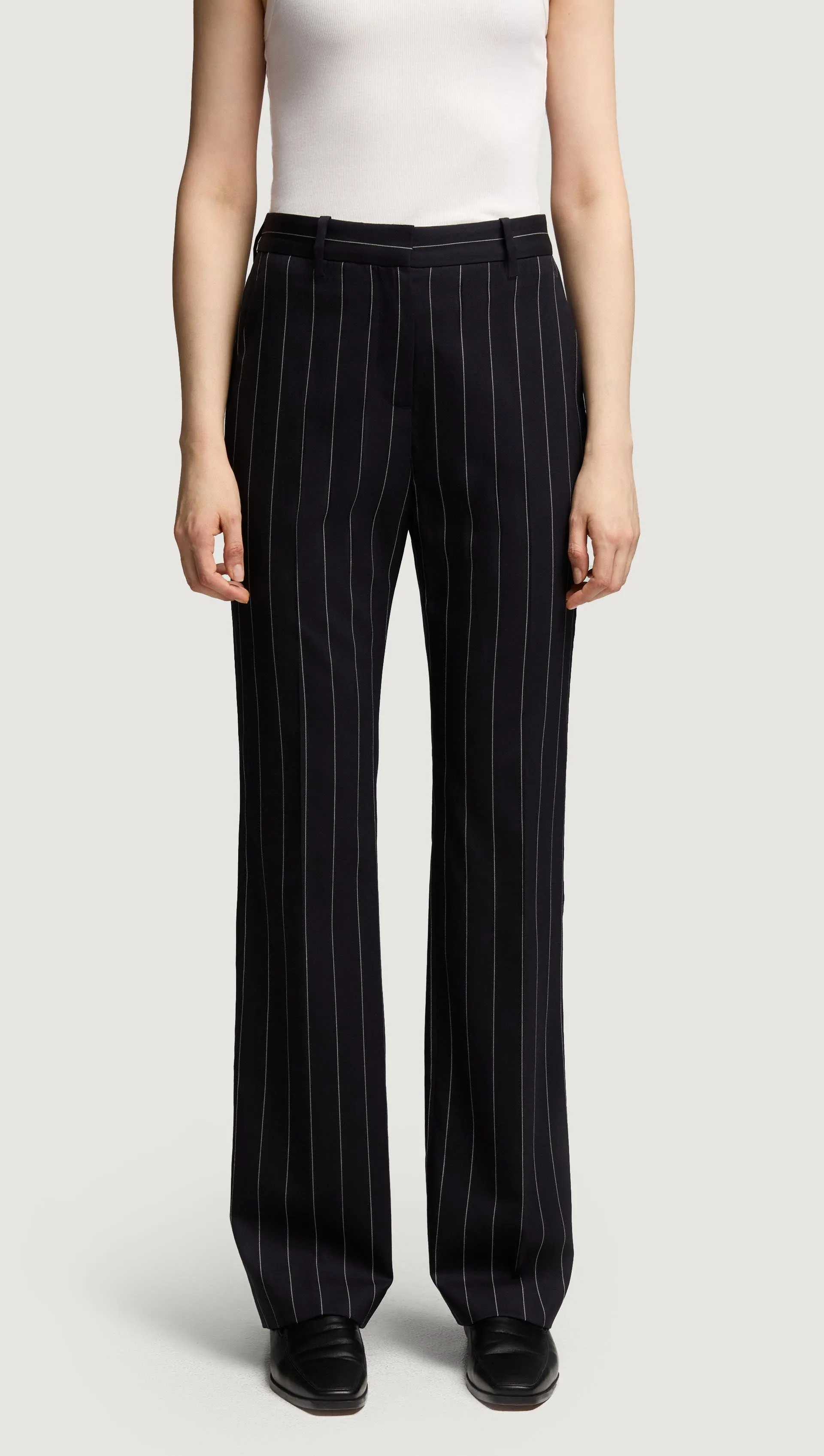 Straight Leg Trouser in Stretch Wool | Navy Pinstripe