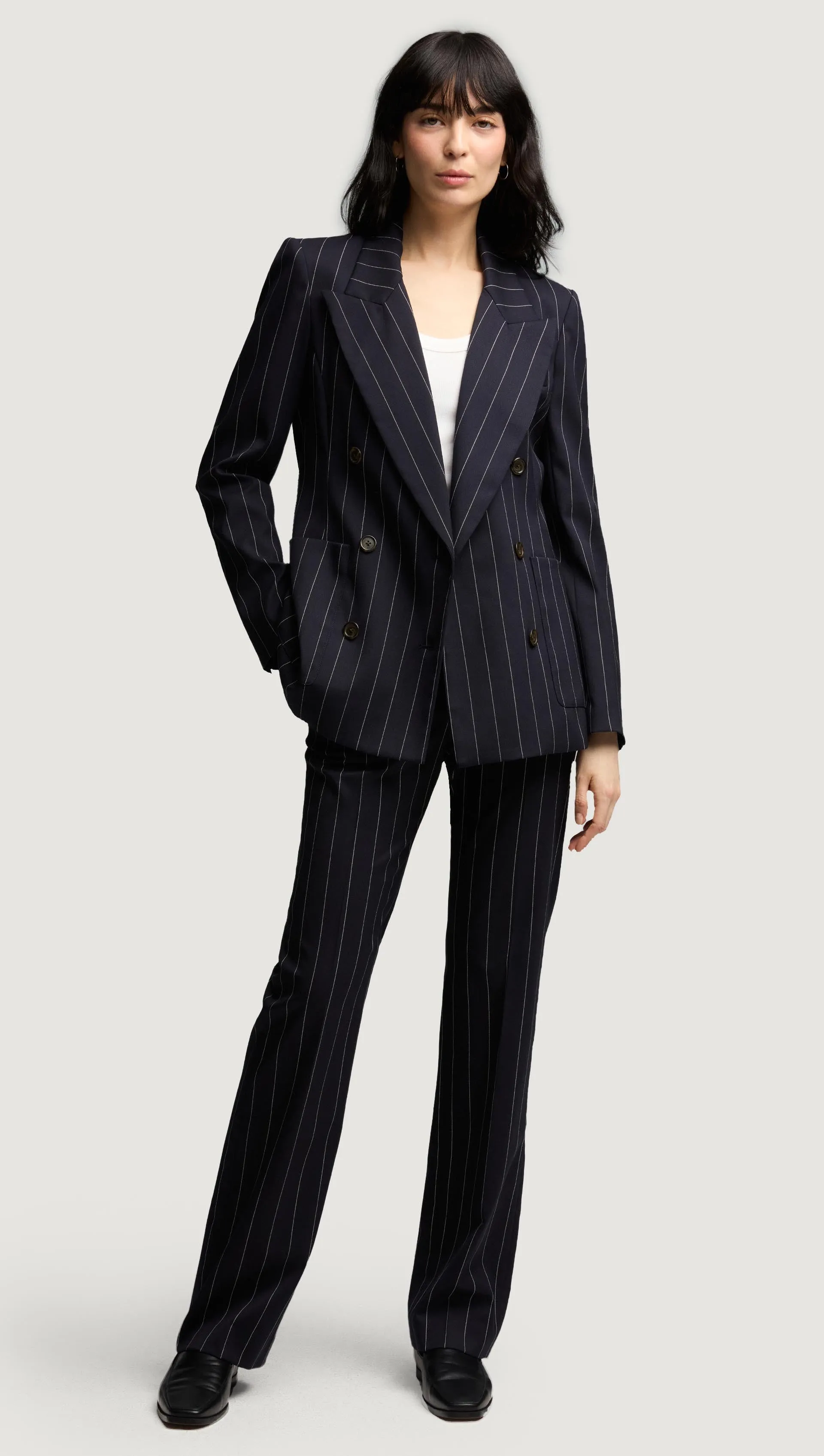 Straight Leg Trouser in Stretch Wool | Navy Pinstripe