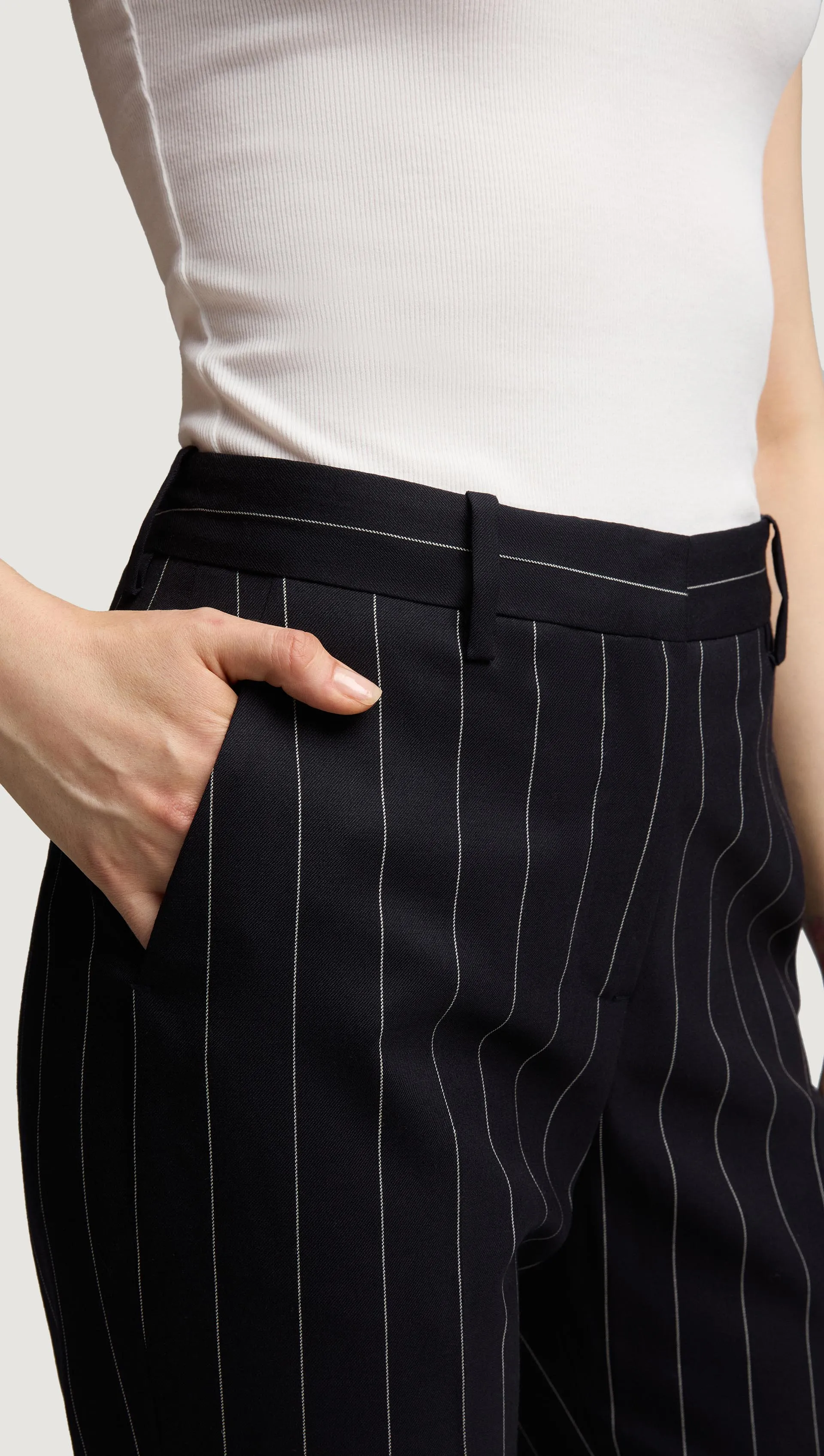 Straight Leg Trouser in Stretch Wool | Navy Pinstripe