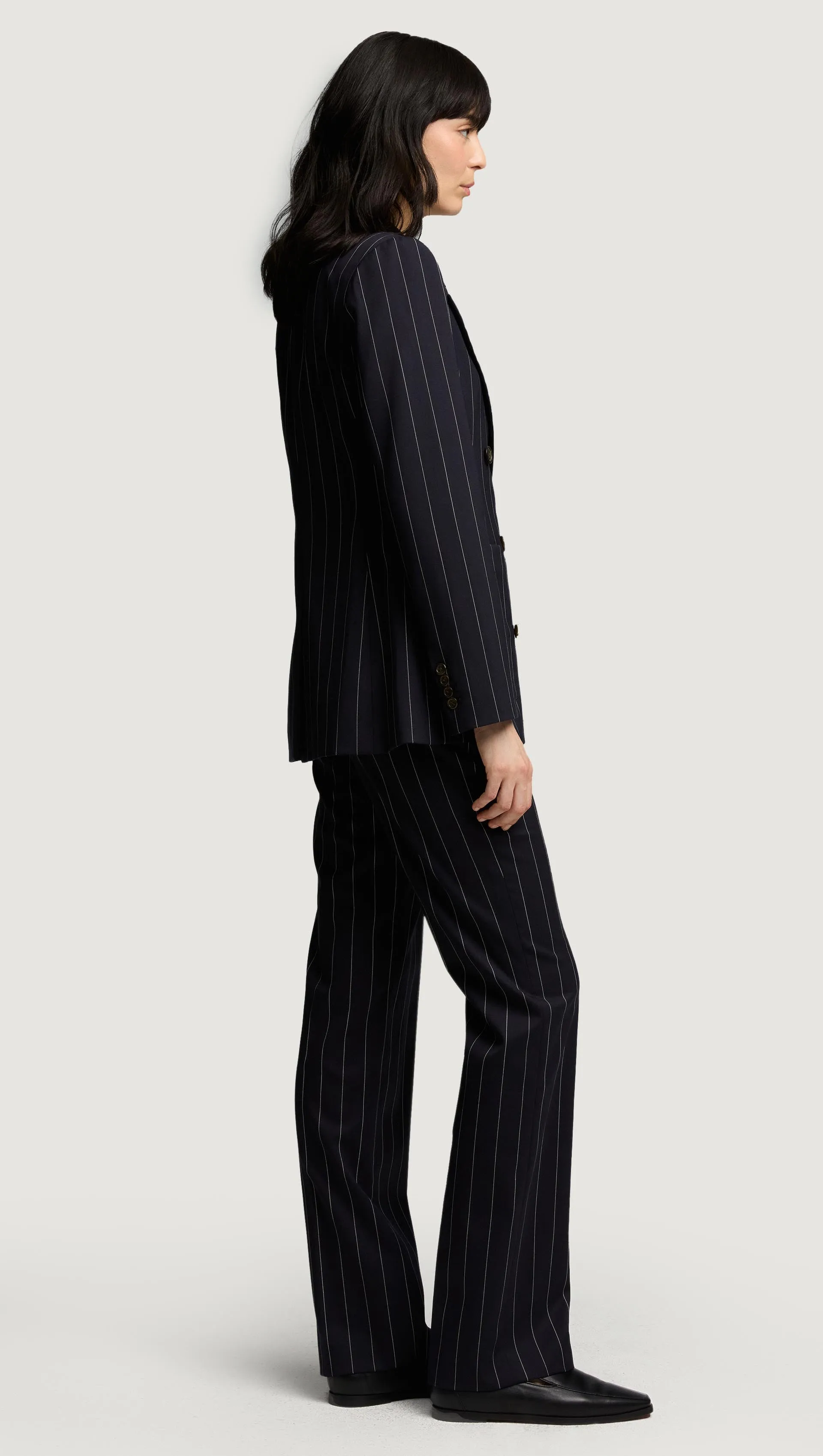 Straight Leg Trouser in Stretch Wool | Navy Pinstripe