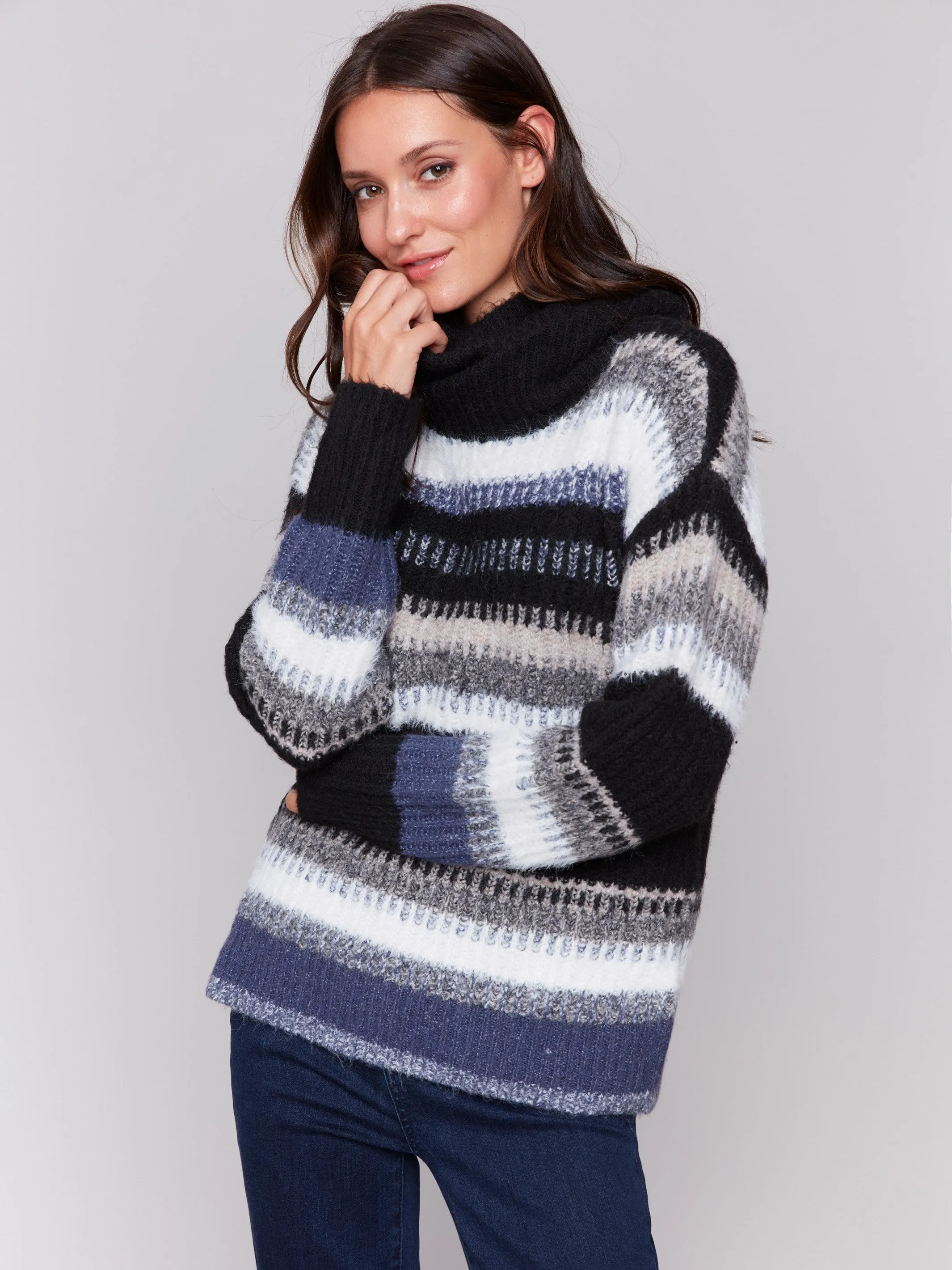 Striped Cowl Neck Sweater - Navy