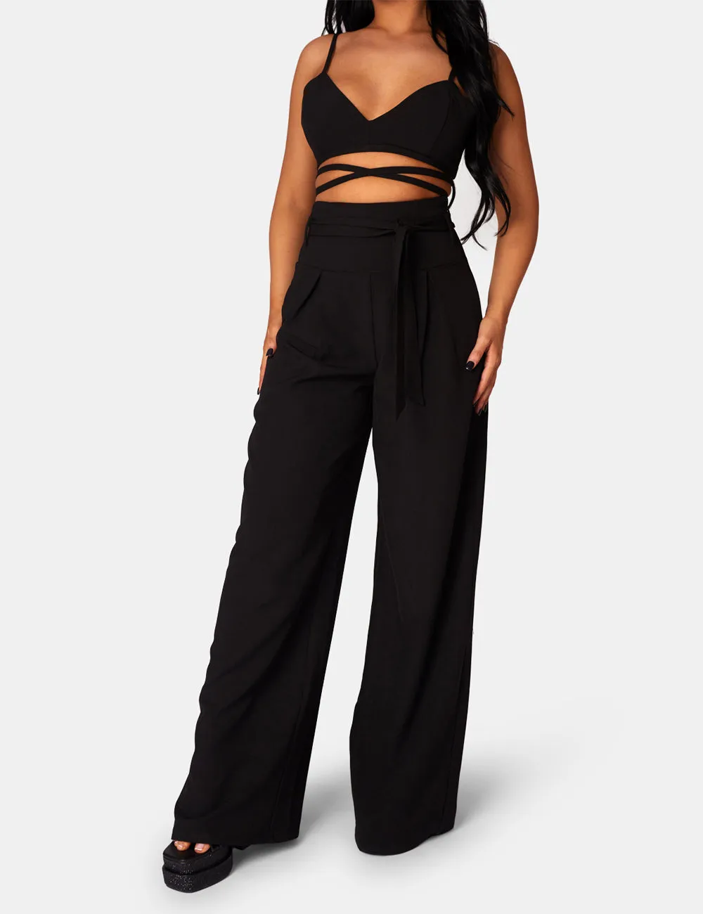 Tie Waist Wide Leg Trousers Black