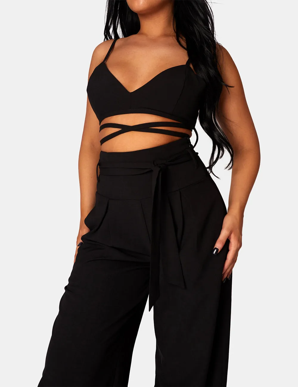 Tie Waist Wide Leg Trousers Black