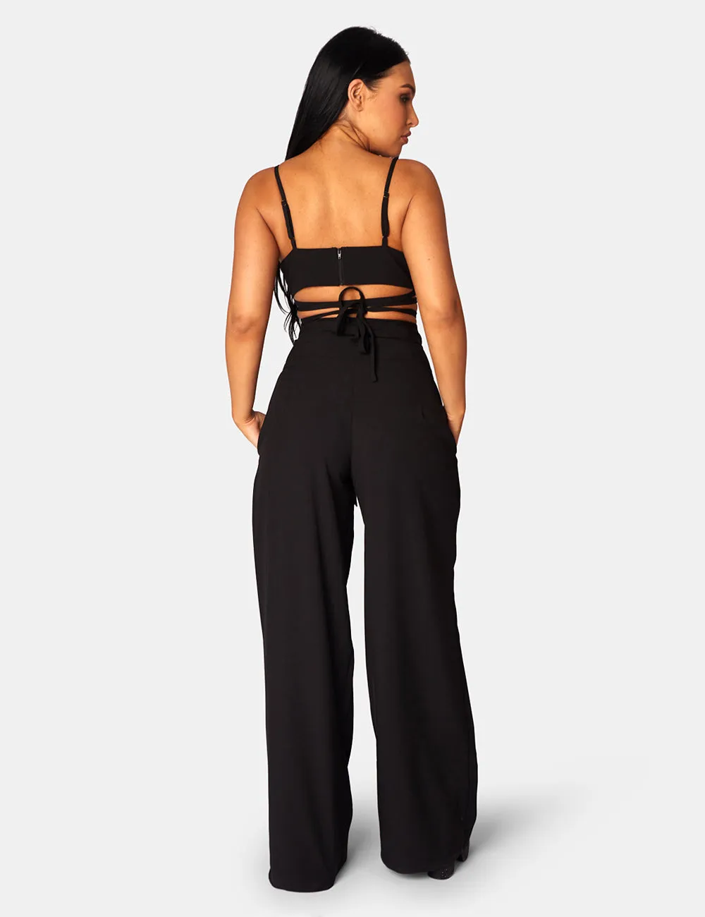 Tie Waist Wide Leg Trousers Black