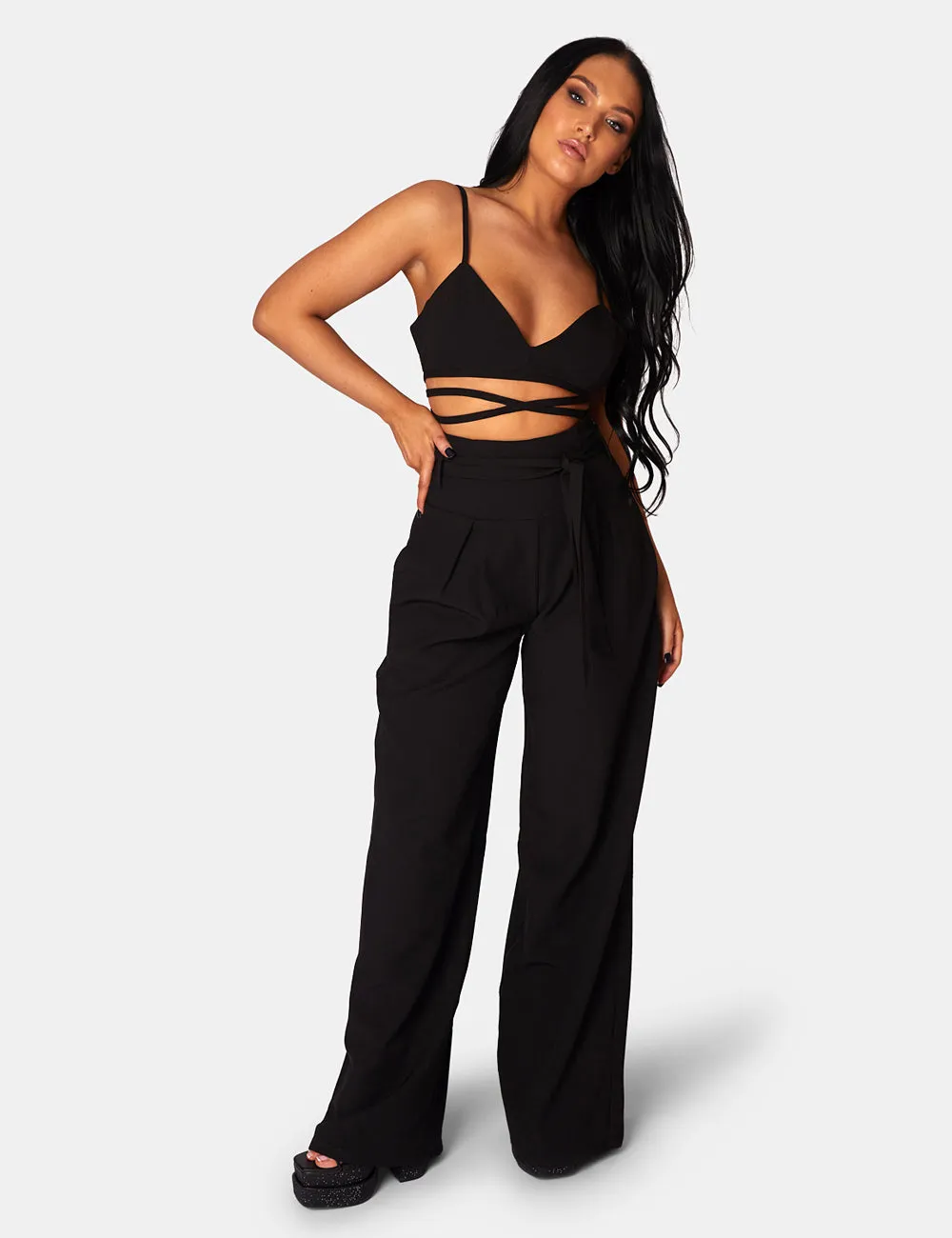 Tie Waist Wide Leg Trousers Black