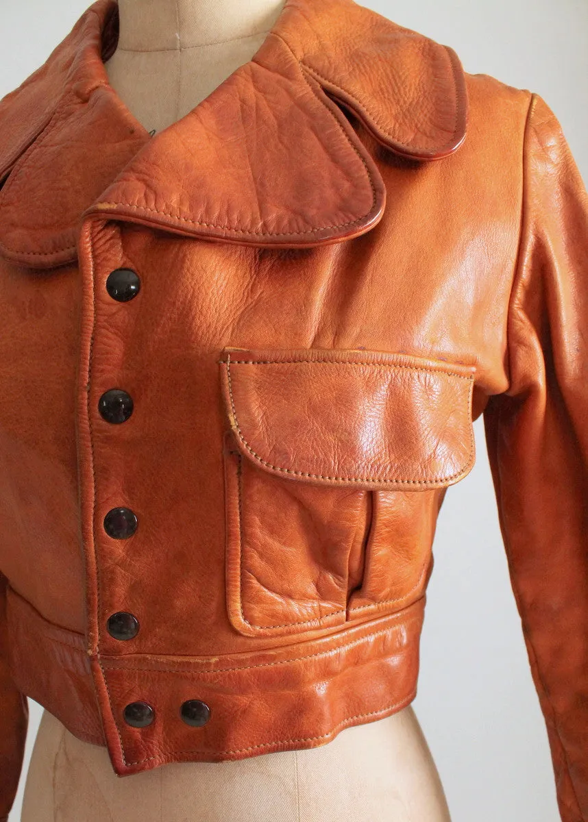 Vintage 1970s Brown Leather Cropped Jacket